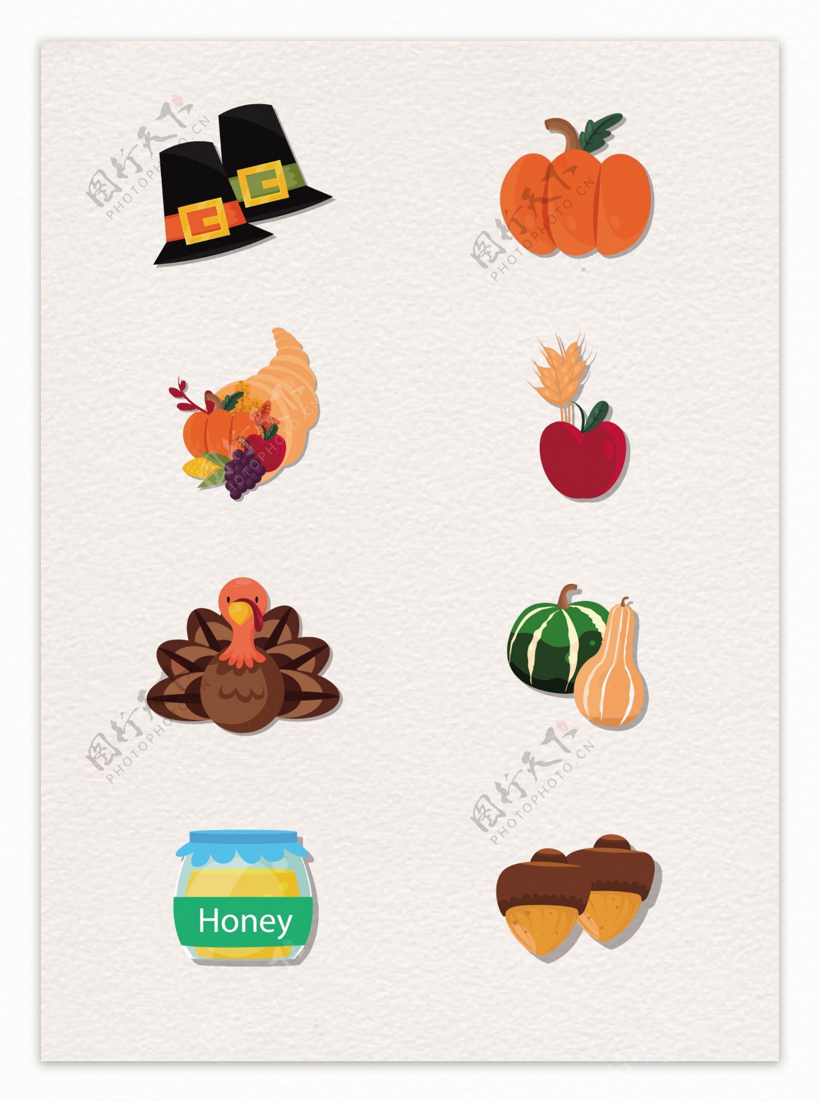 卡通彩色感恩节8组食物元素设计