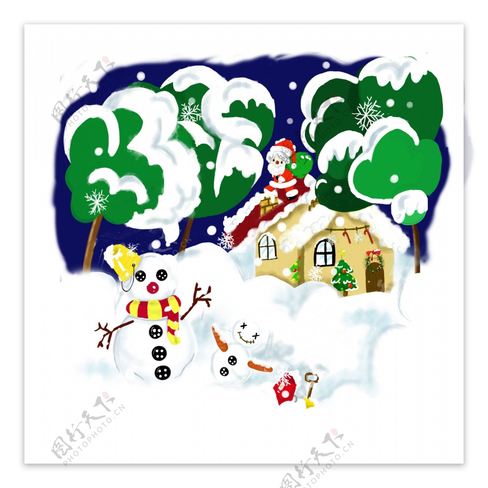圣诞节冬日白色手绘雪景可商用插画元素