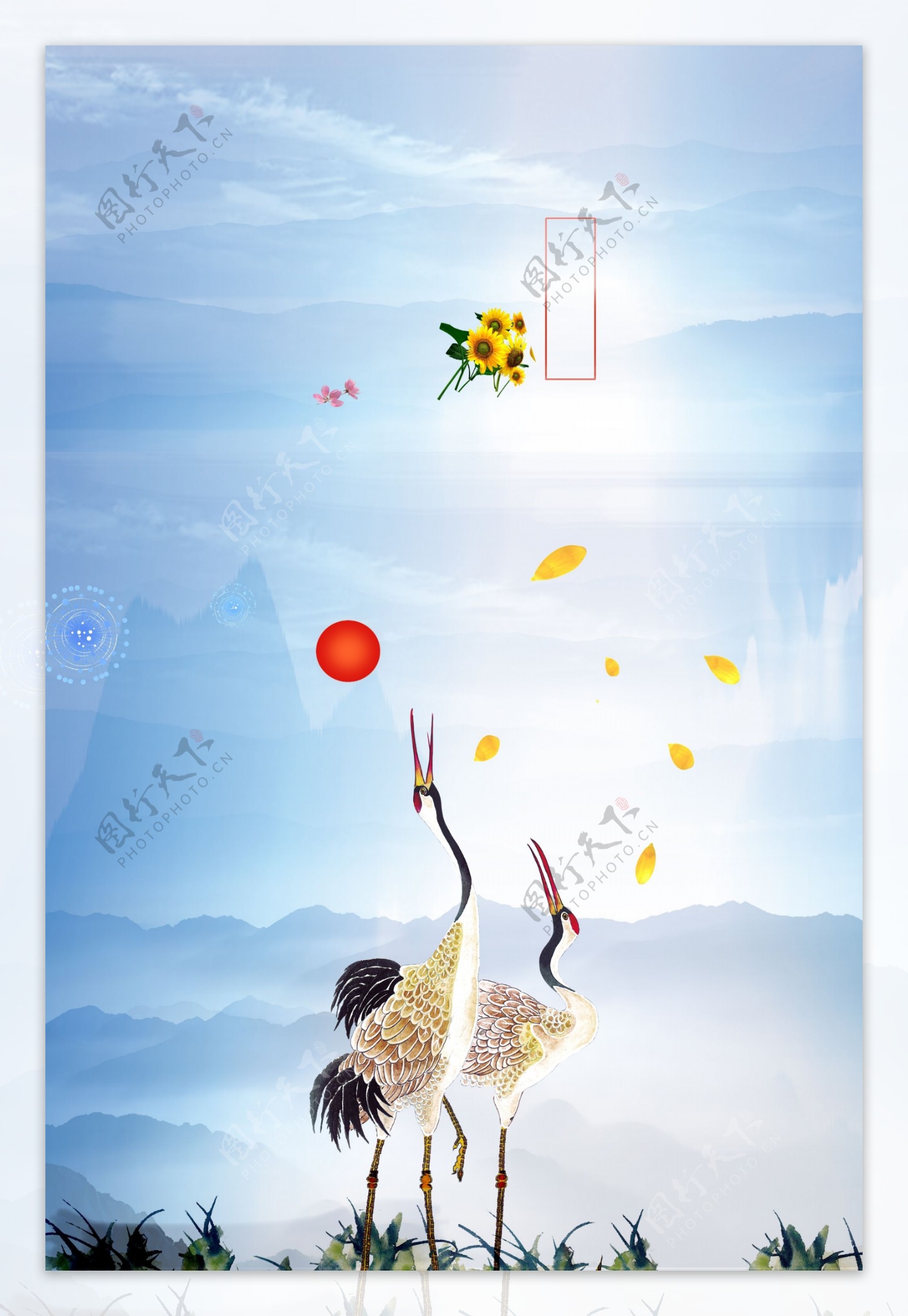 传统重阳节白鹤花瓣海报背景素材