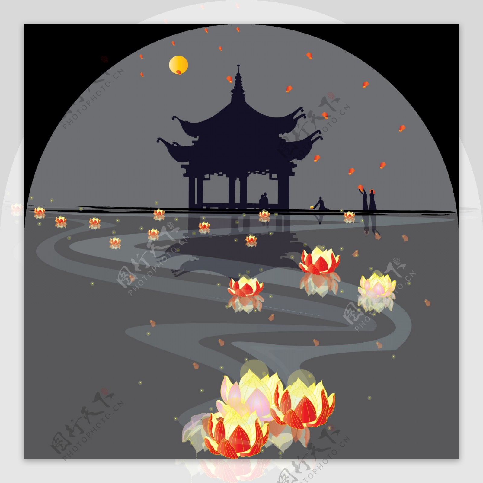 中秋节之赏月放灯可商用元素