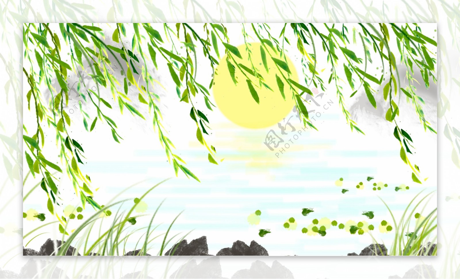 中国古画江水柳树背景手绘设计