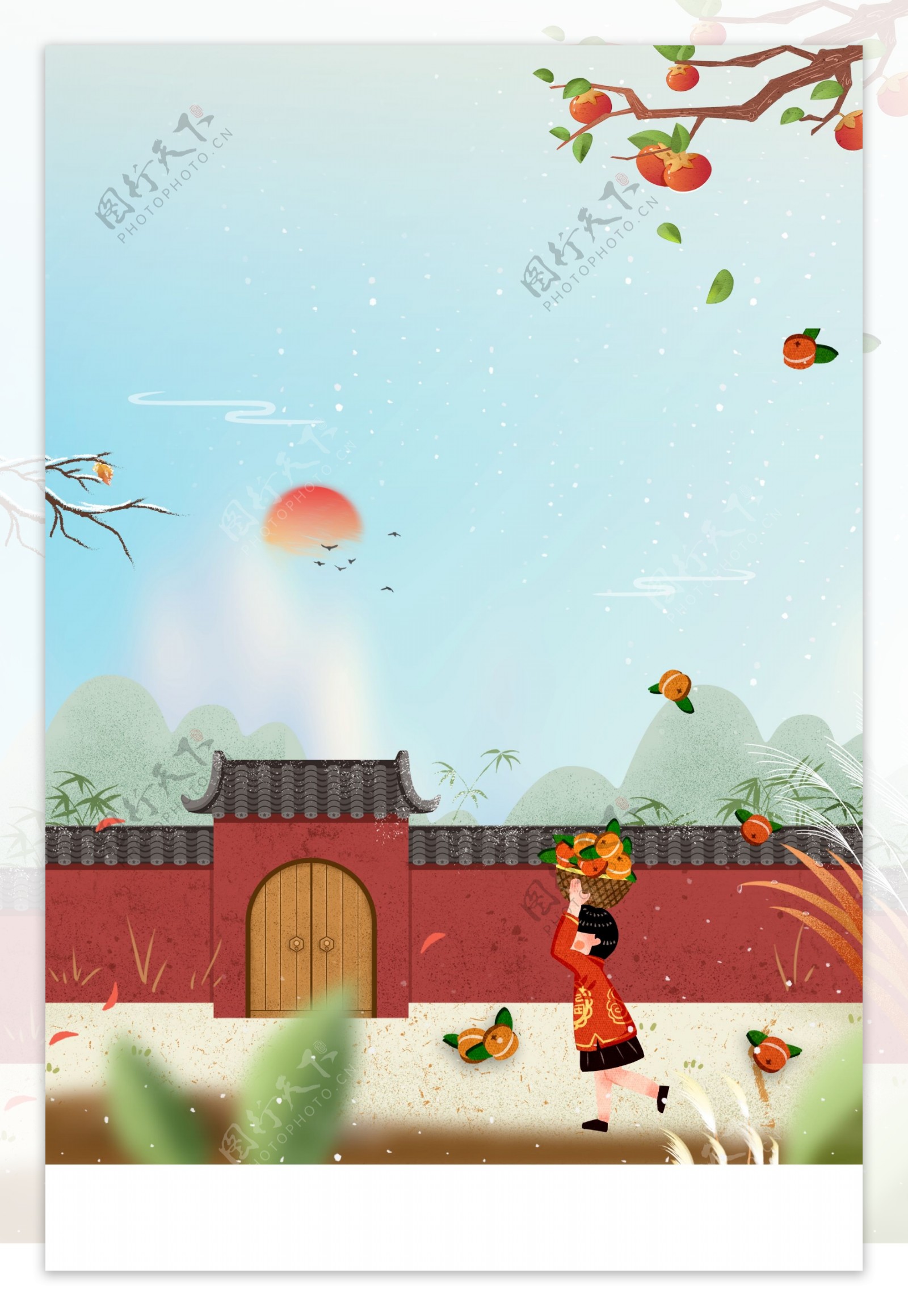 霜降节气柿子围墙海报背景设计
