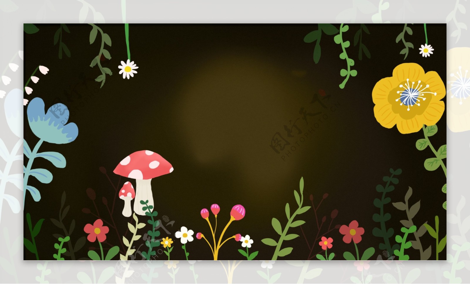 森林彩色花朵绿草蘑菇卡通背景