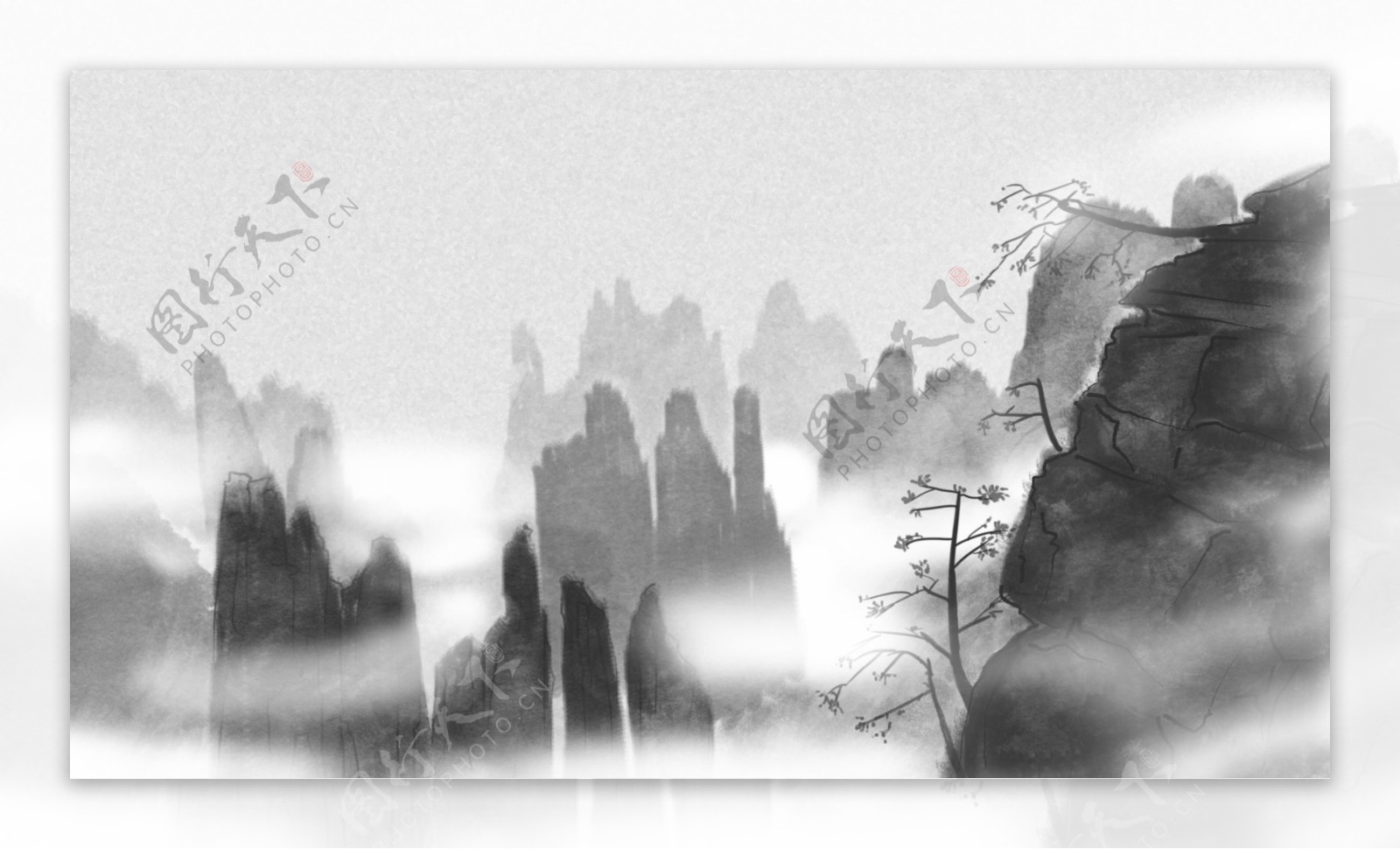 中国风水墨山峰云雾背景