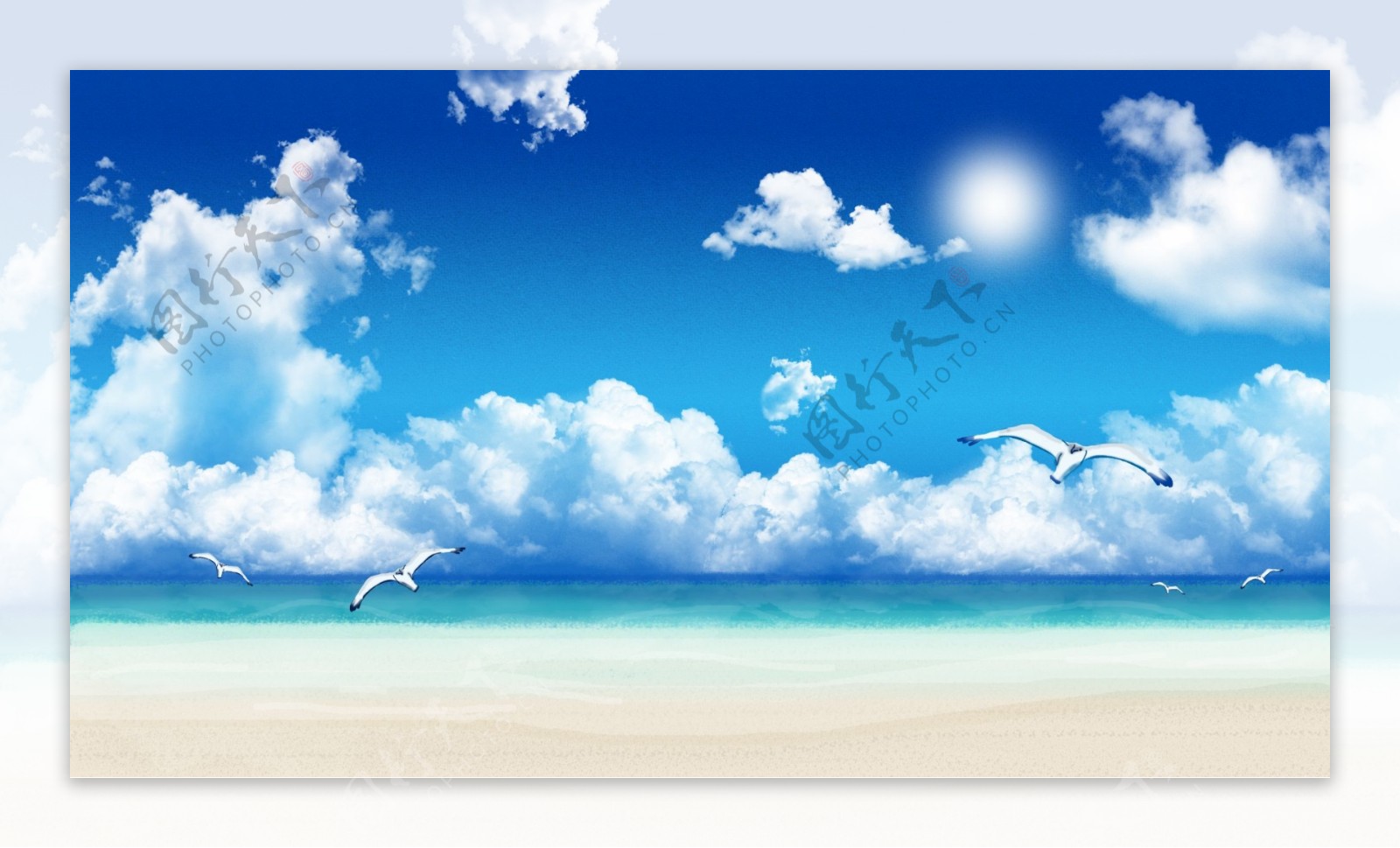 蓝天下的蓝色海洋上空飞翔的鸟儿卡通背景