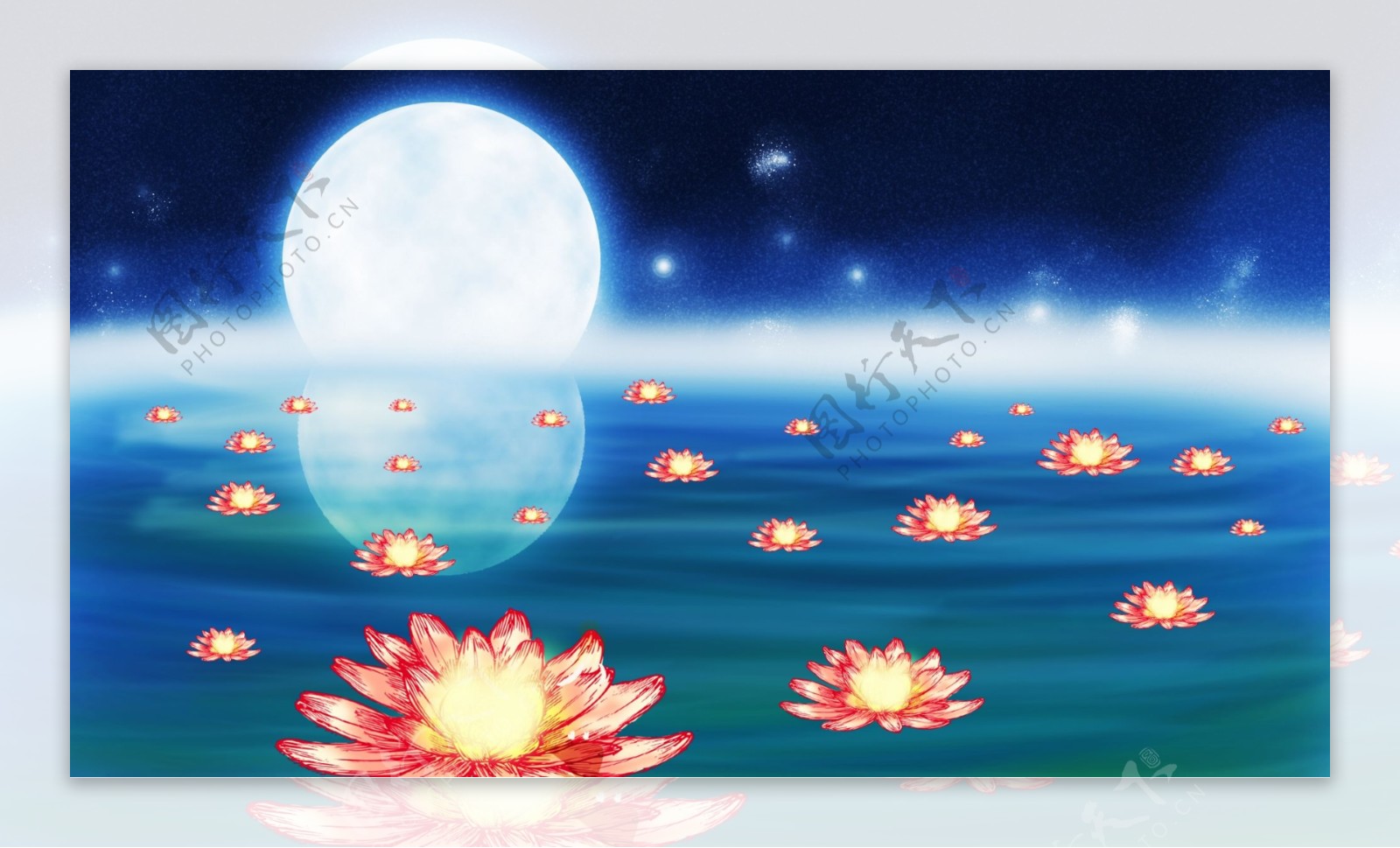 水面飘浮的莲花许愿灯明月卡通背景