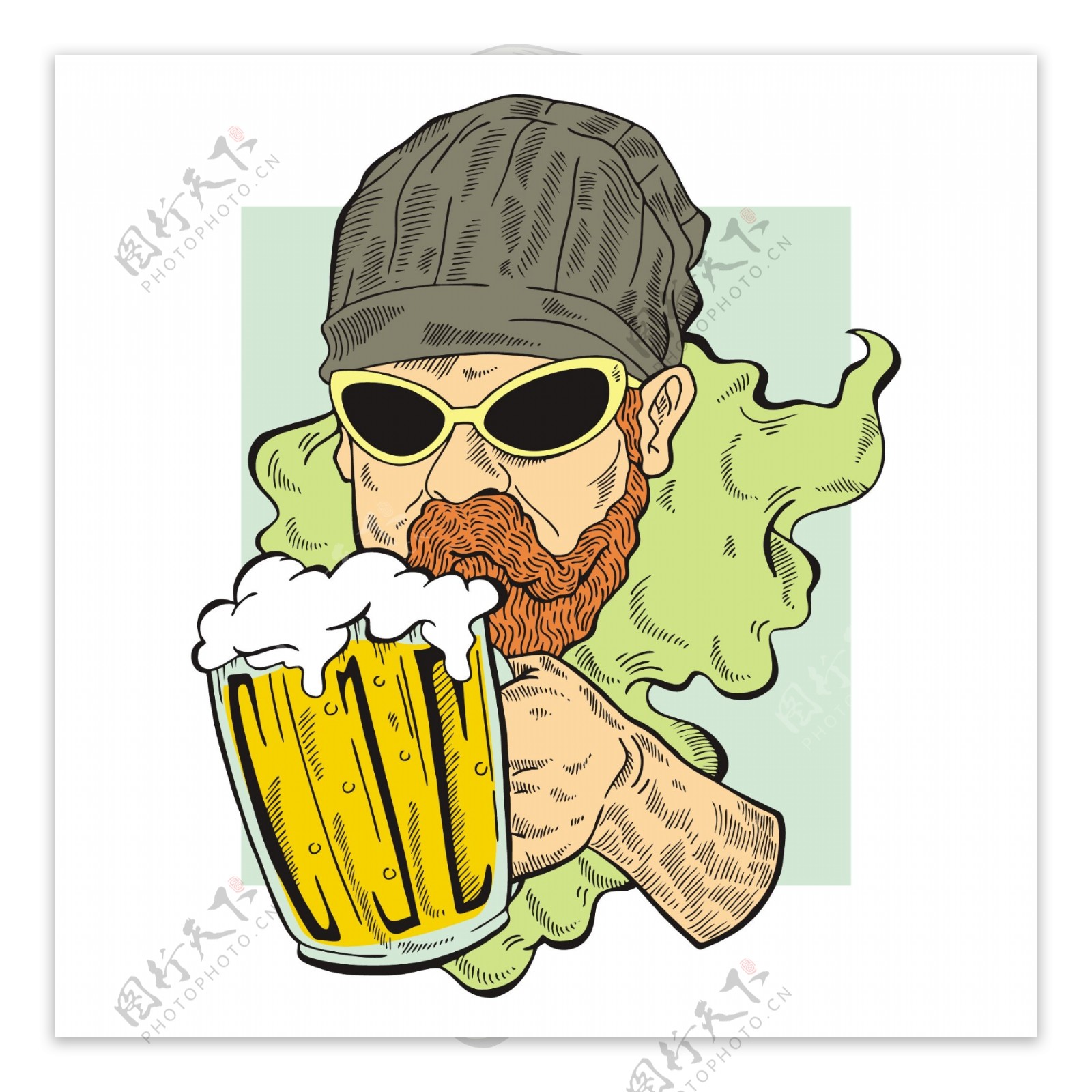 矢量卡通胡子男人啤酒