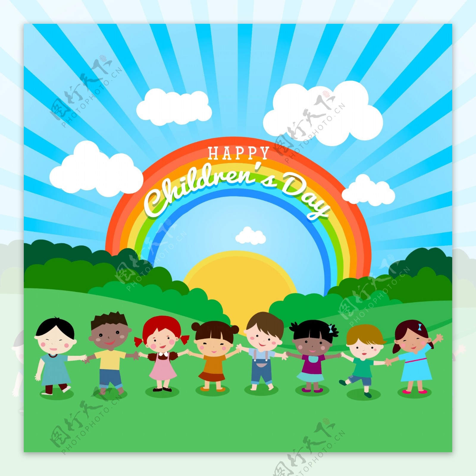 卡通彩虹下的儿童节人的元素设计