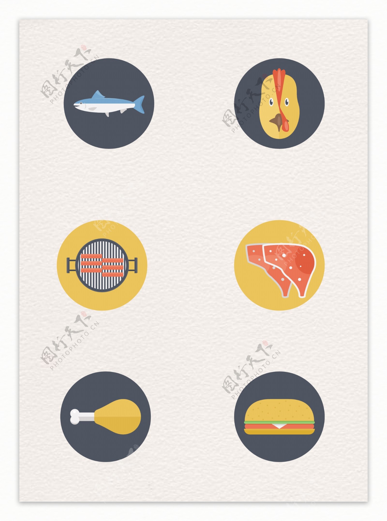 扁平化圆形肉类鱼类食物图标设计