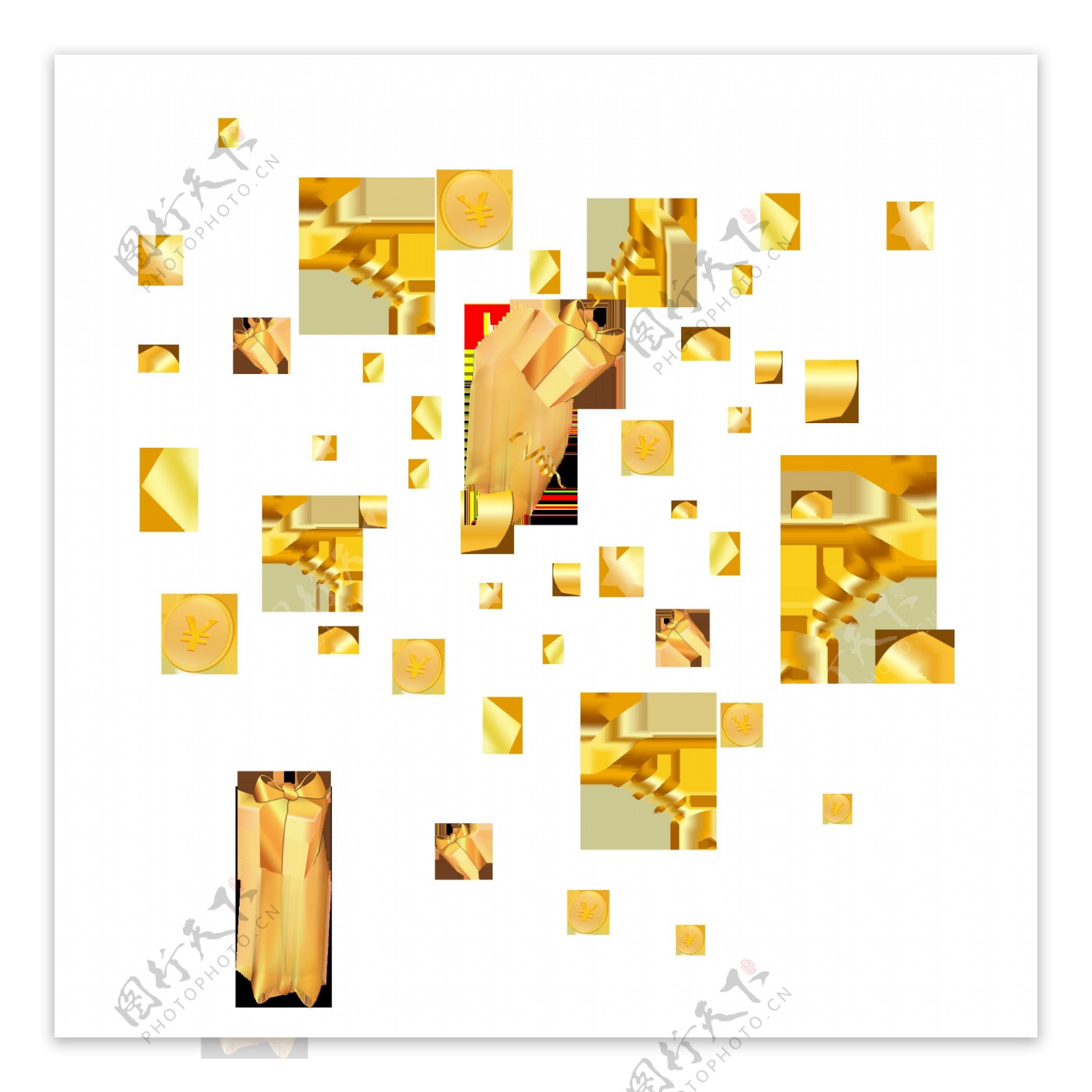 可商用金色手绘丝带礼盒金币碎片漂浮元素