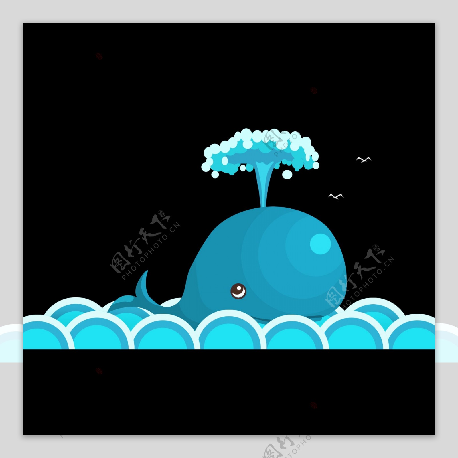 可爱蓝色卡通鲸鱼喷水柱可商用元素