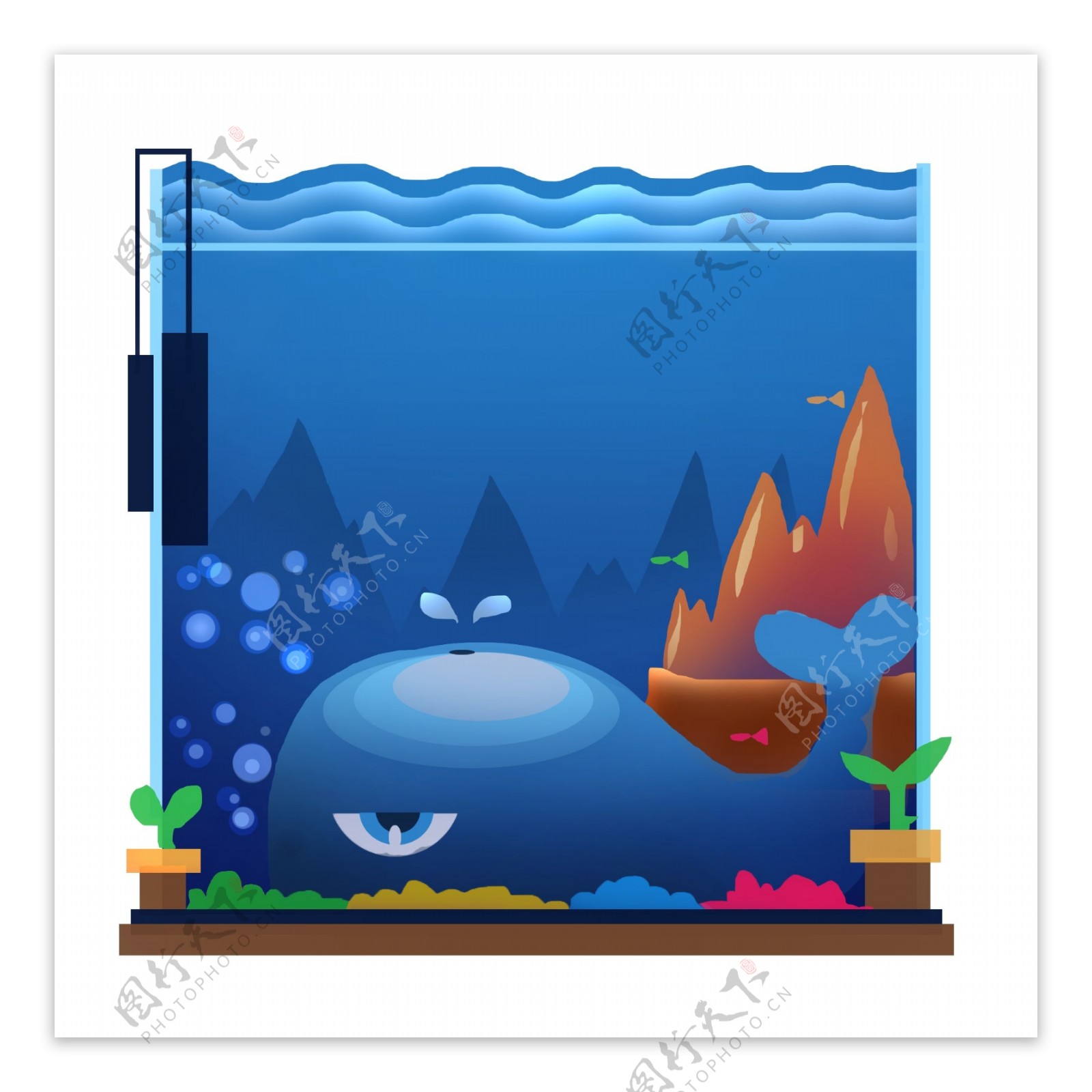 手绘蓝色方形海水鲸鱼鱼缸边框