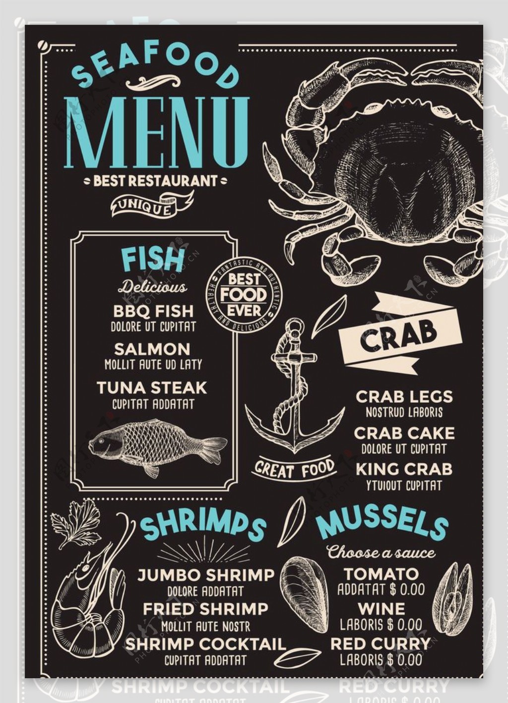 复古手绘海鲜龙虾螃蟹菜单模板