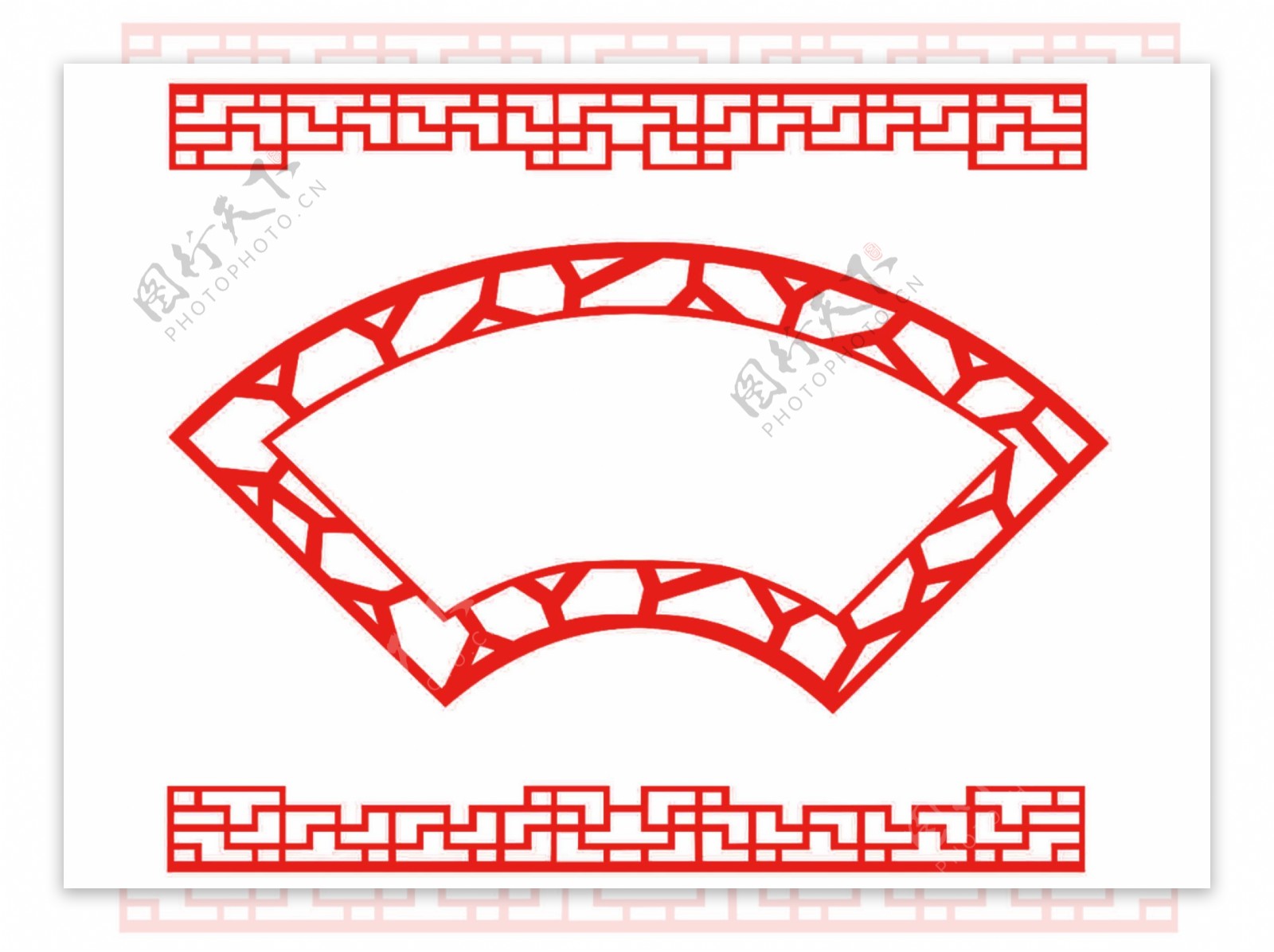 中式红色扇形镂空边框png元素