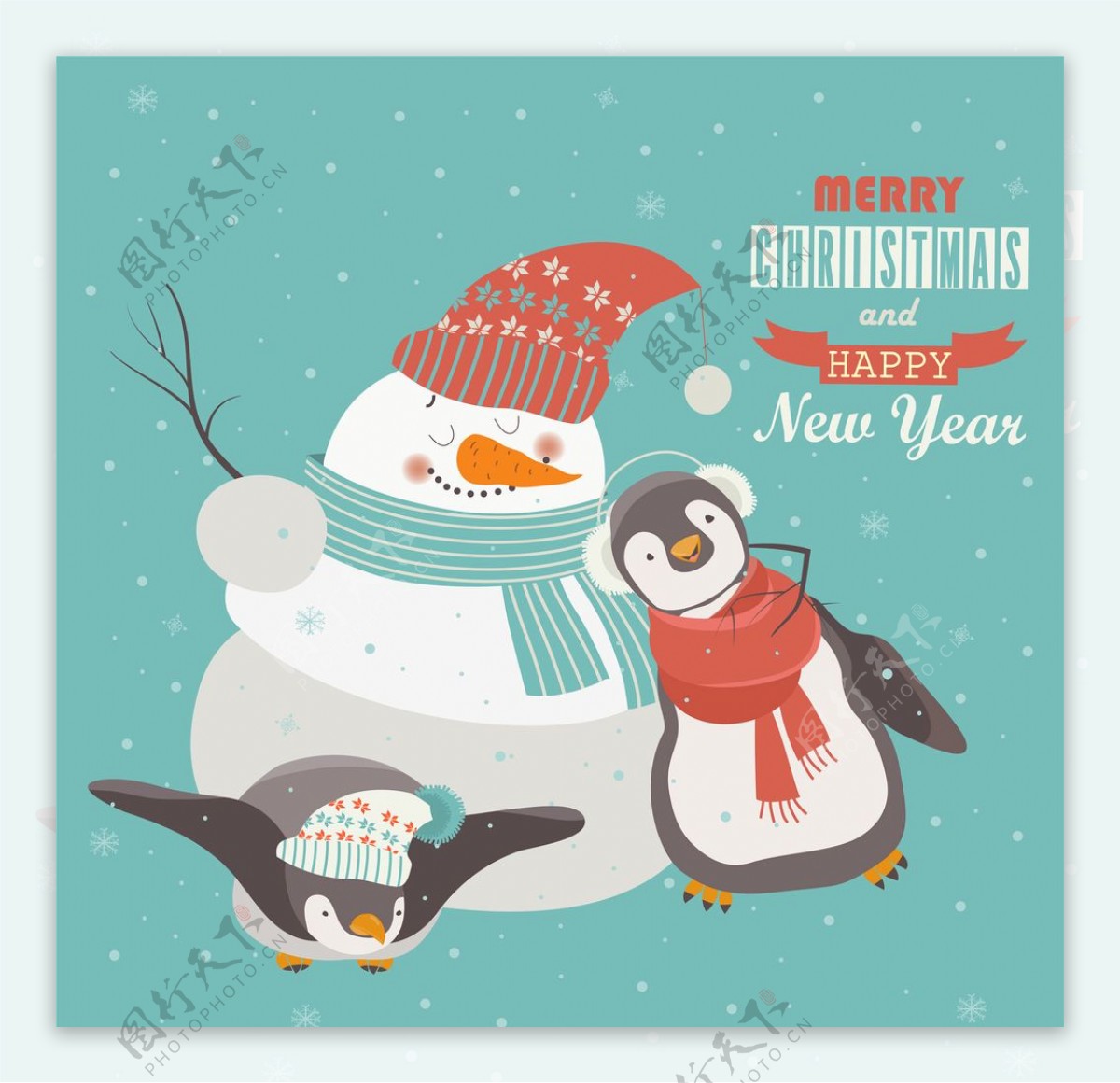 复古圣诞雪人企鹅海报