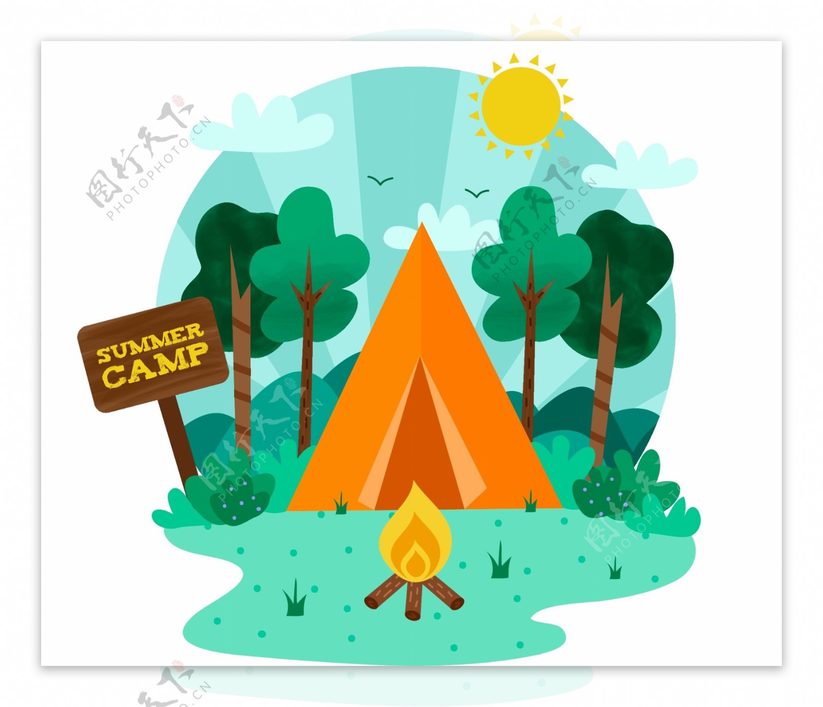 手绘夏令营帐篷UI图标设计矢量