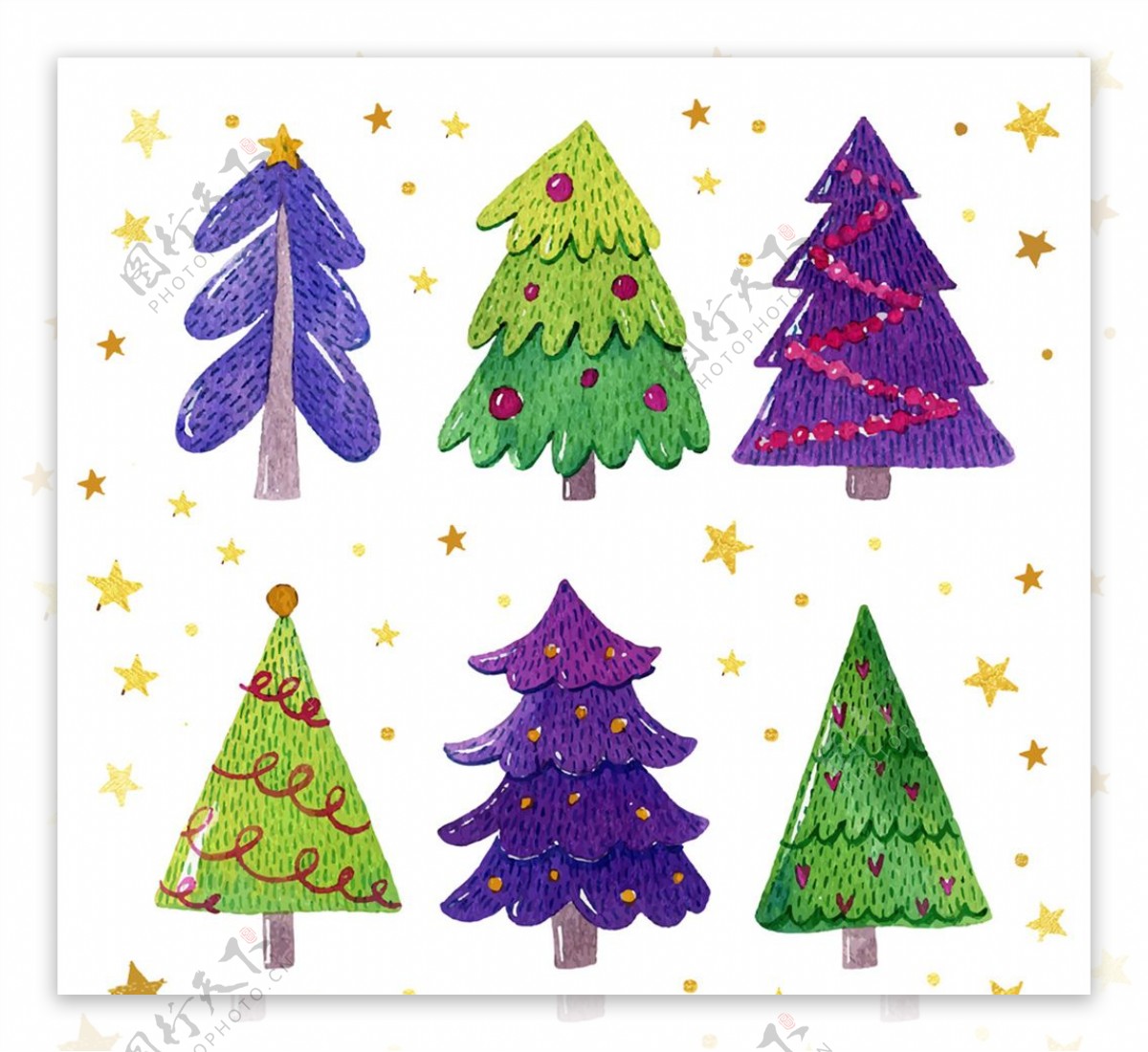 6款手绘彩色圣诞树