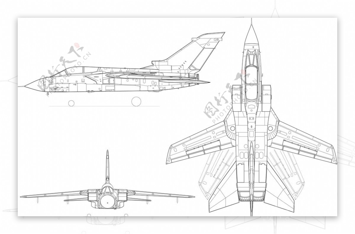 多用途战斗机狂风矢量三视图线稿