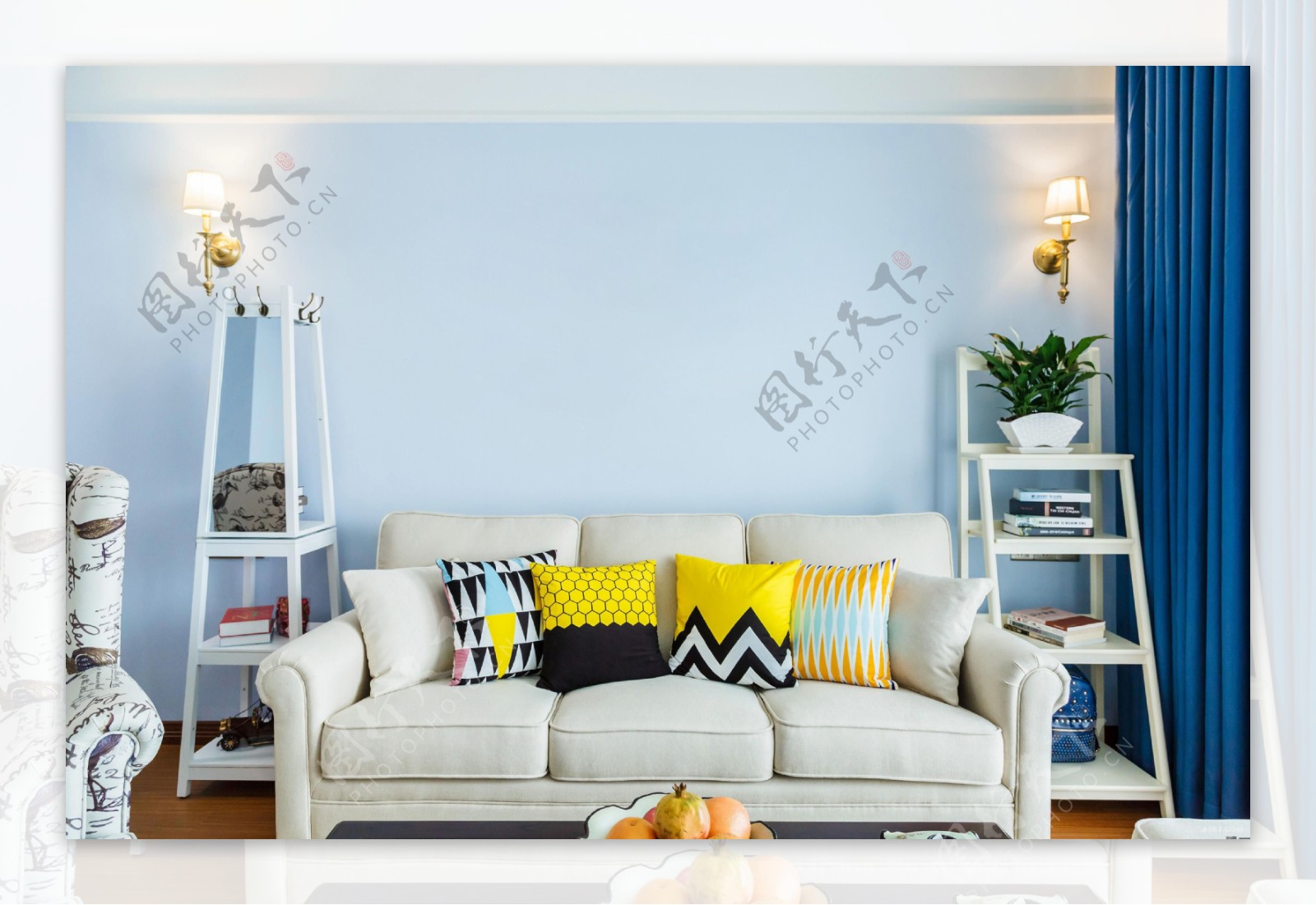 蓝色北欧家居设计效果图沙发背景