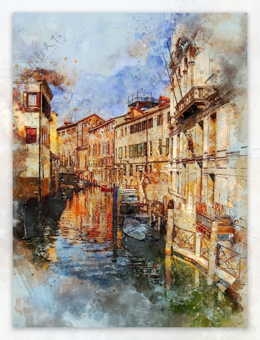 水城威尼斯街道风光水彩画