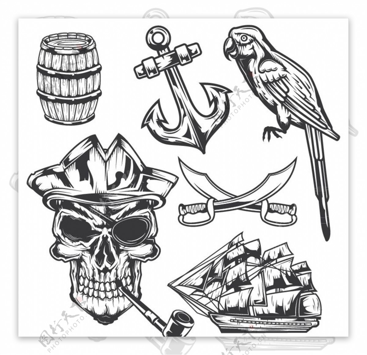 黑白矢量素描海盗日常用品