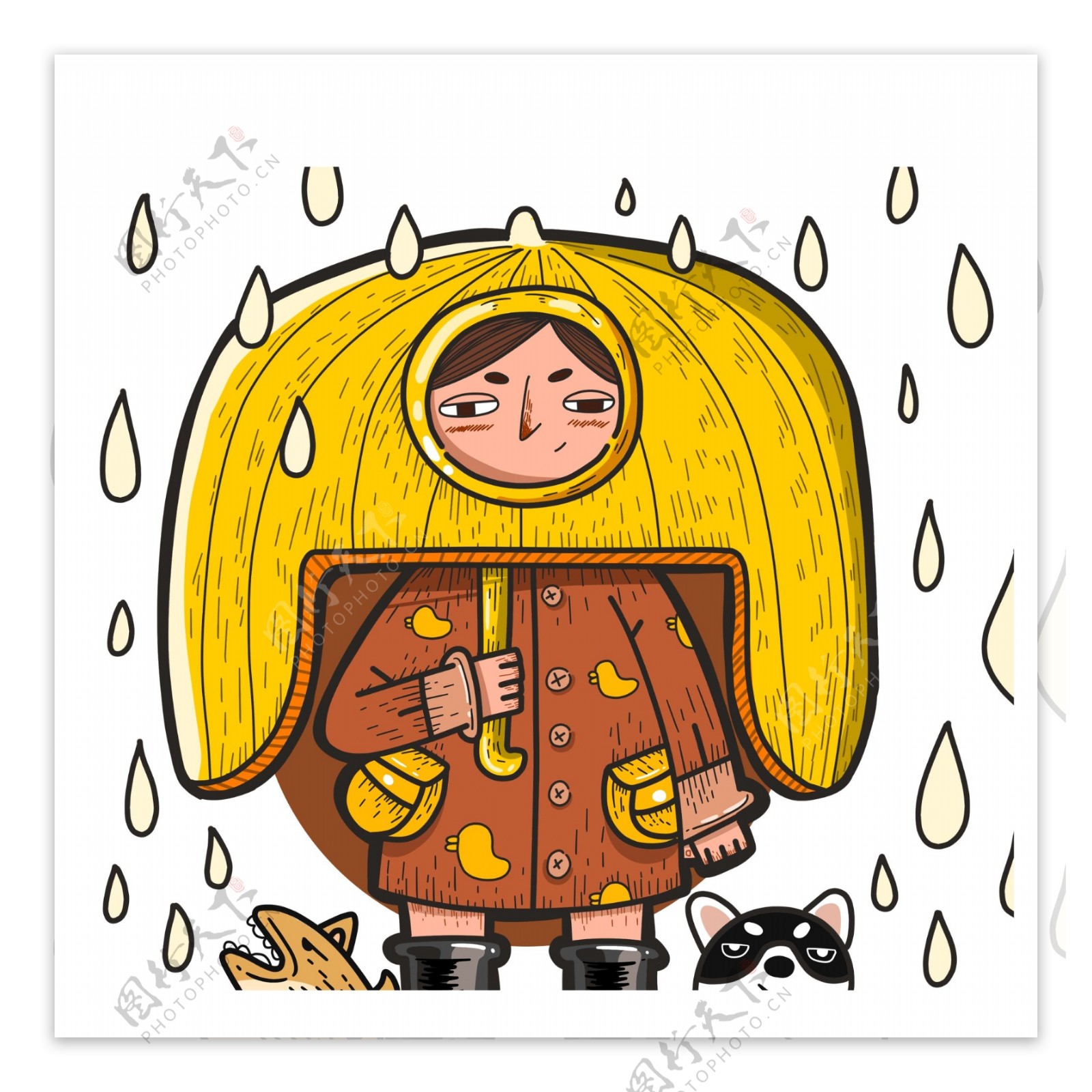 雨天撑伞的男孩涂鸦设计