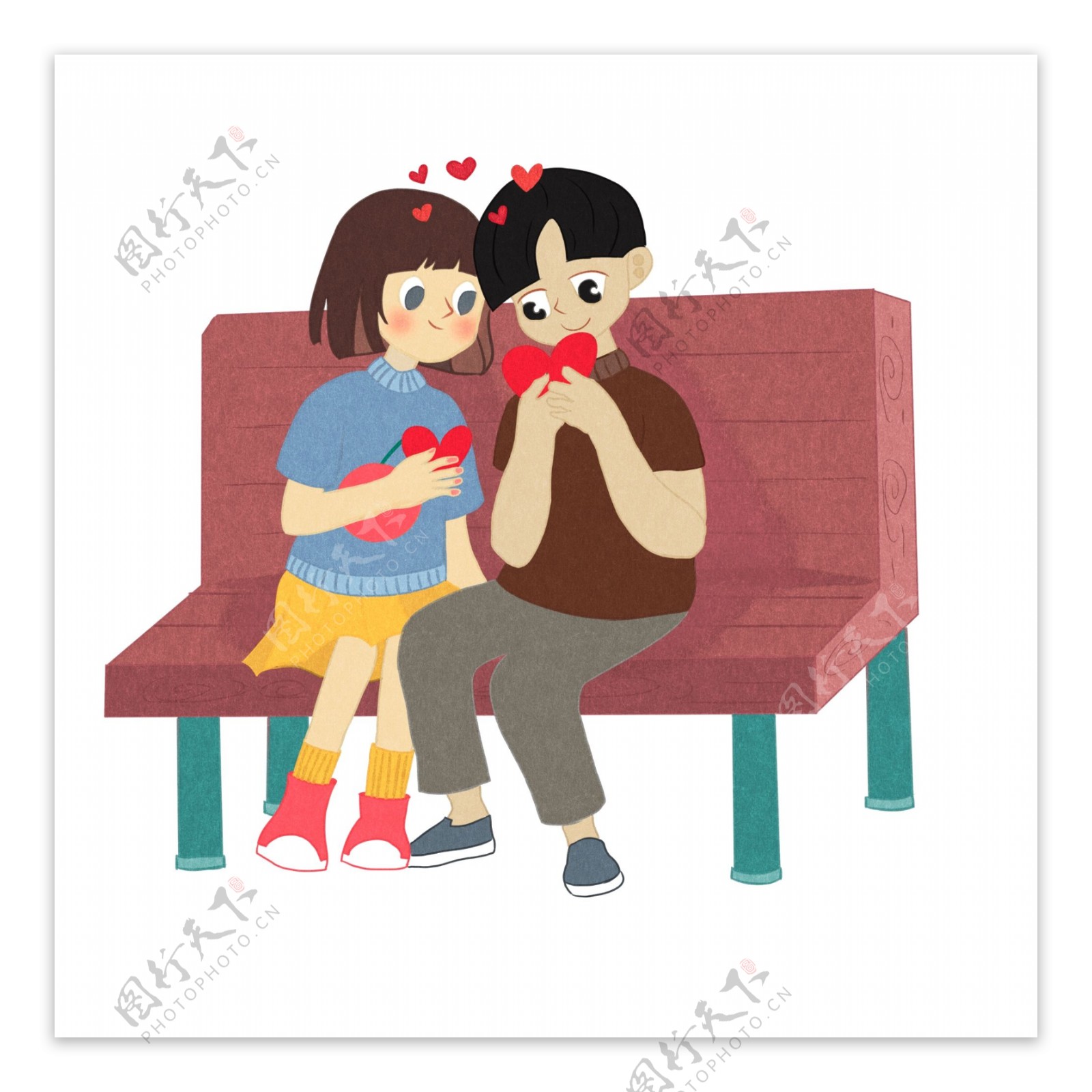 手绘坐在凳子上的情侣人物设计