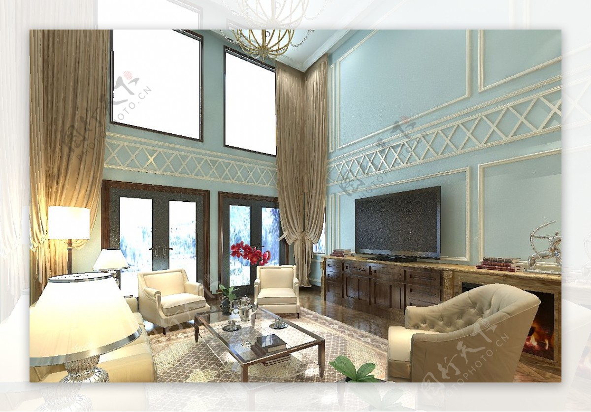 欧式别墅共享空间效果图蓝色温馨大窗帘