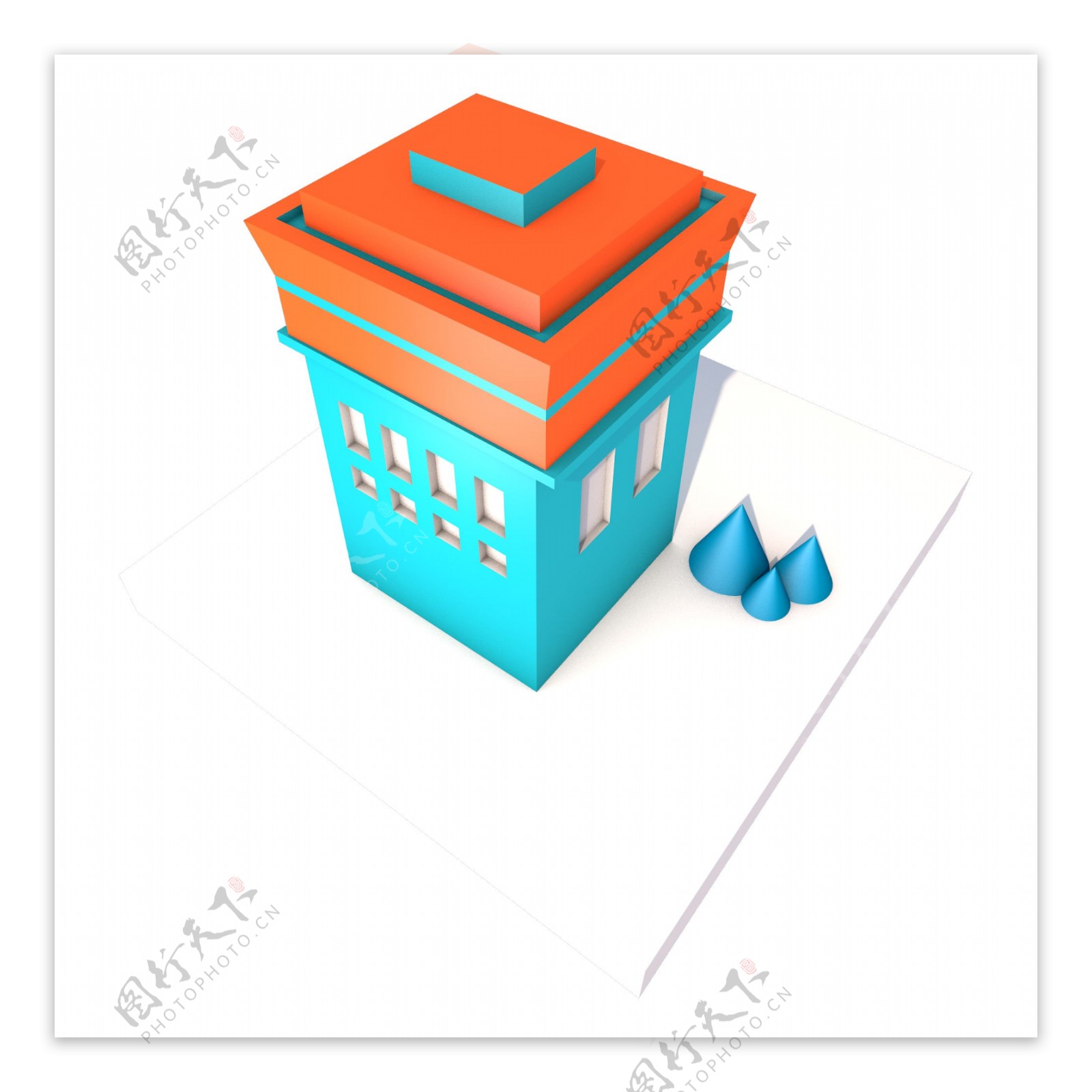 2.5d蓝色橘色立体房屋造型创意建筑素材