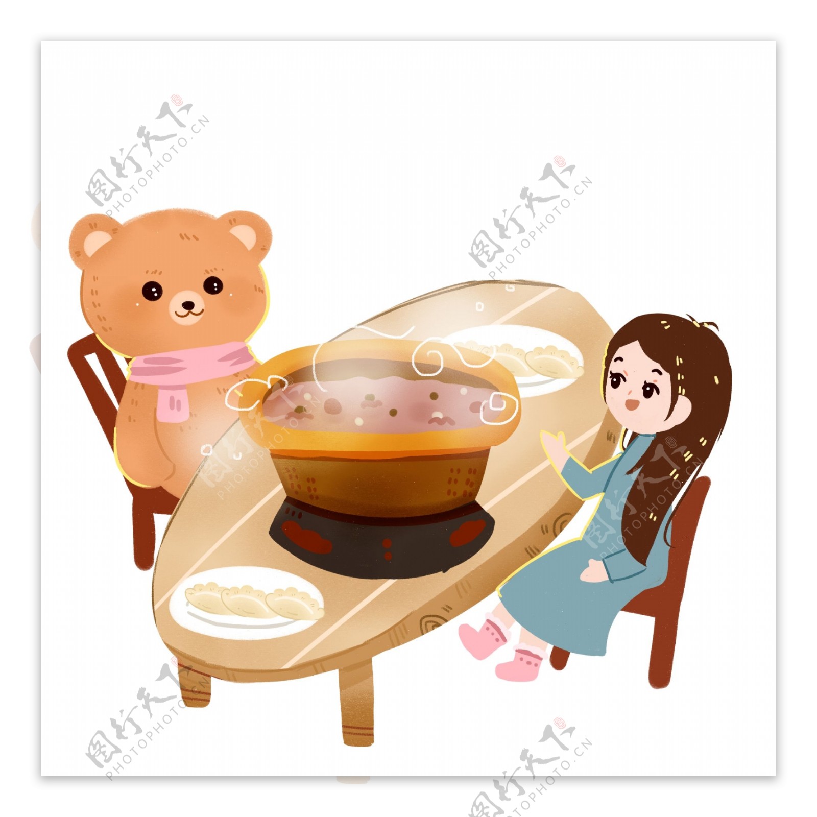 彩绘可爱一起吃饭的女孩和小熊可商用元素
