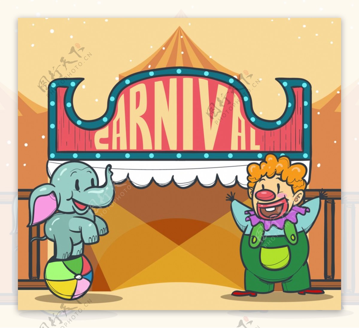 狂欢节杂耍大象和小丑