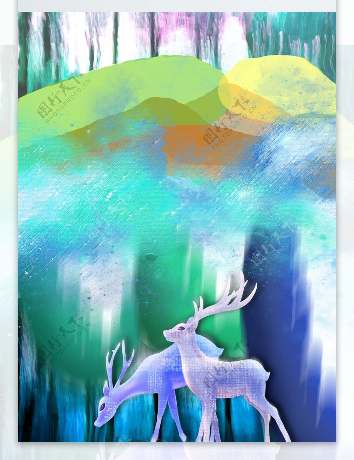 现代简约蓝色丛林小鹿客厅装饰画