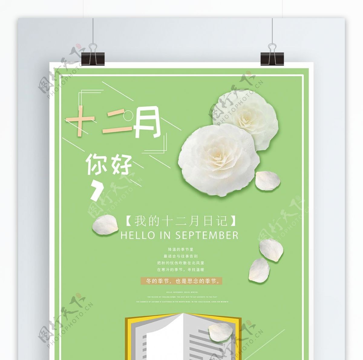 原创清新绿色十二月山茶花季节海报