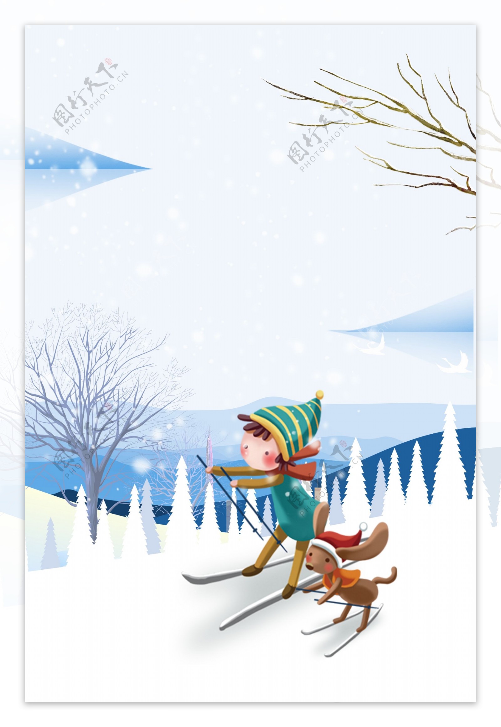冬季滑雪的儿童与狗背景设计