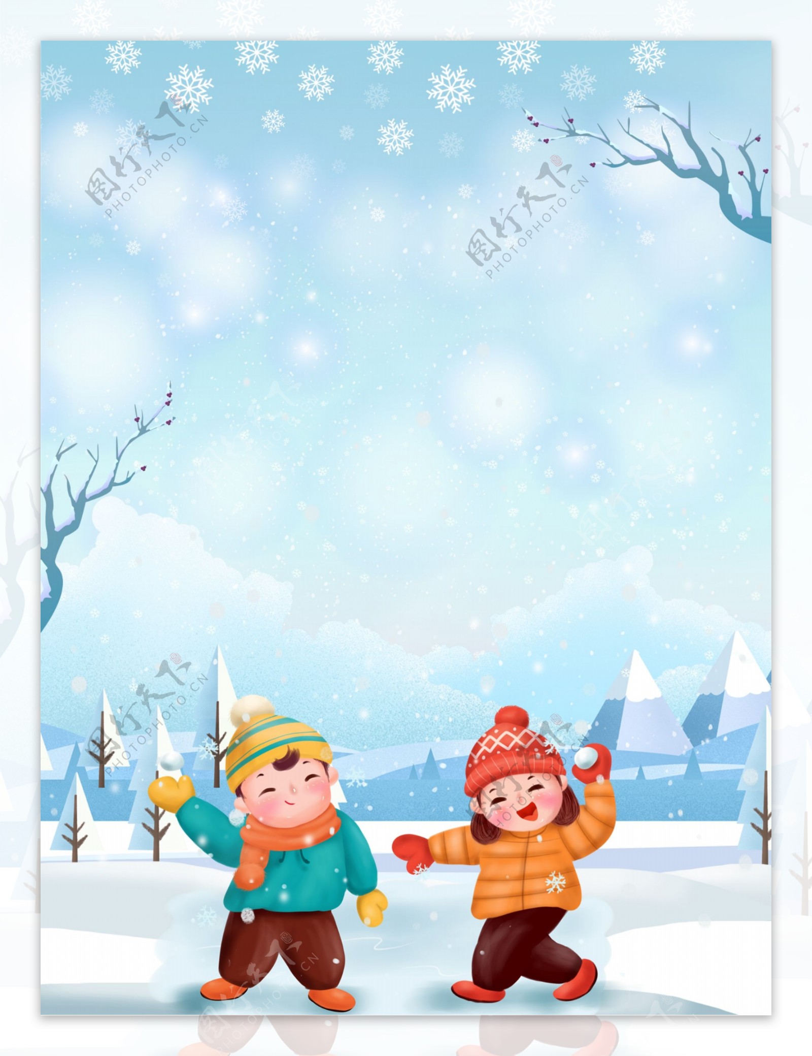 冬季玩雪的儿童背景设计