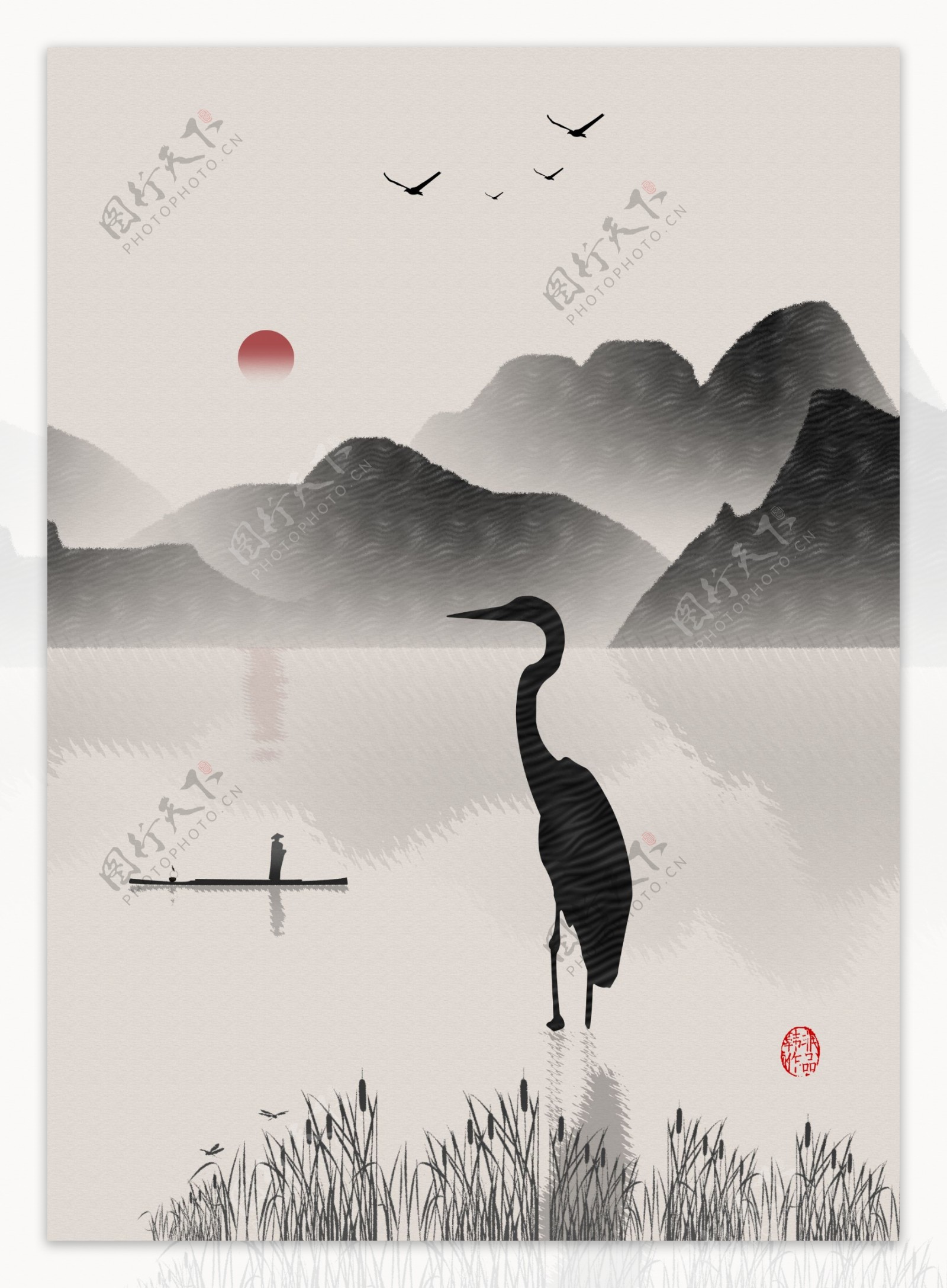 新中式白鹭渔船山水无框画