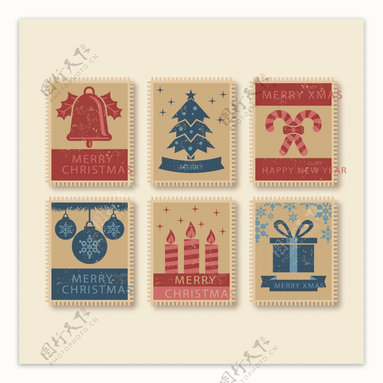 怀旧邮票样式的圣诞标签