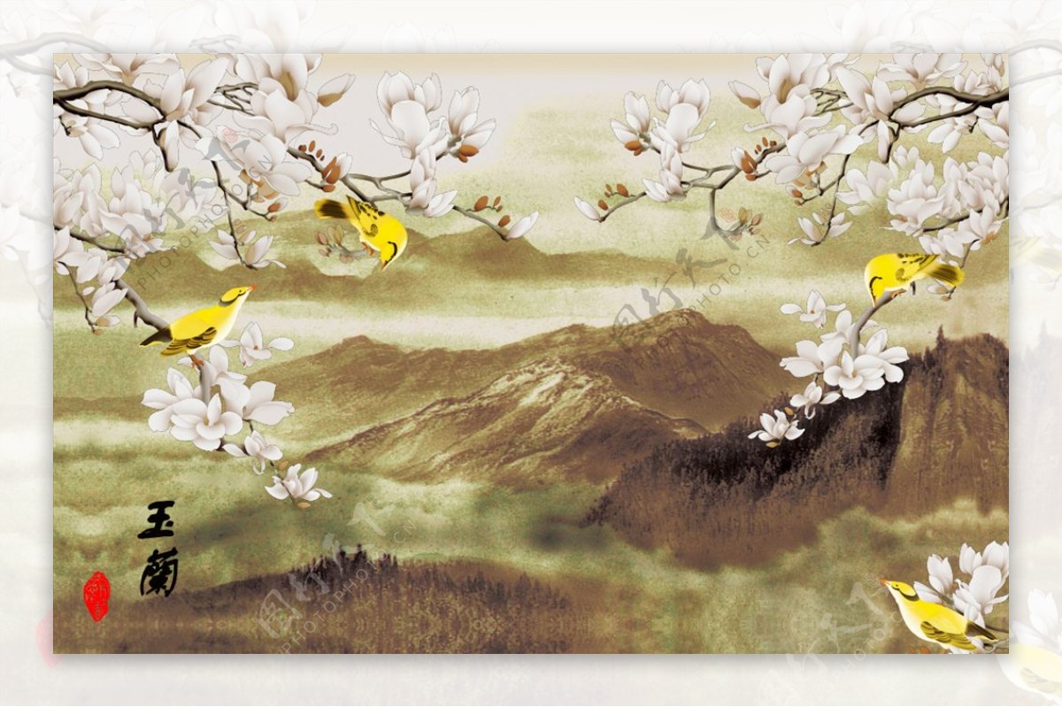 中式玉兰花朵背景墙