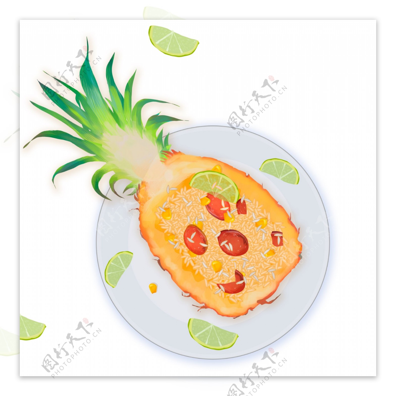 水彩绘小清新盘子上的菠萝饭可商用元素