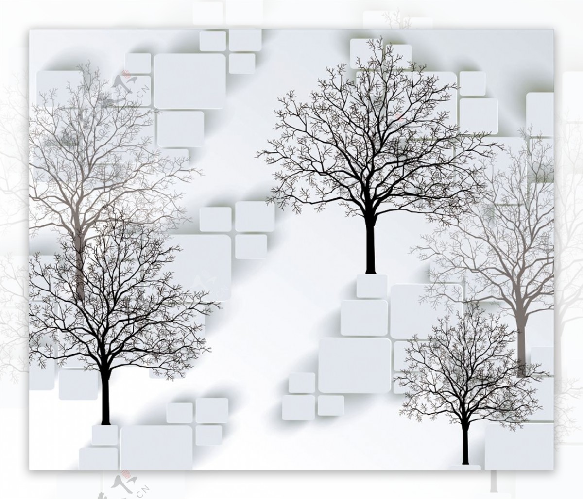 3D立体抽象手绘树背景墙
