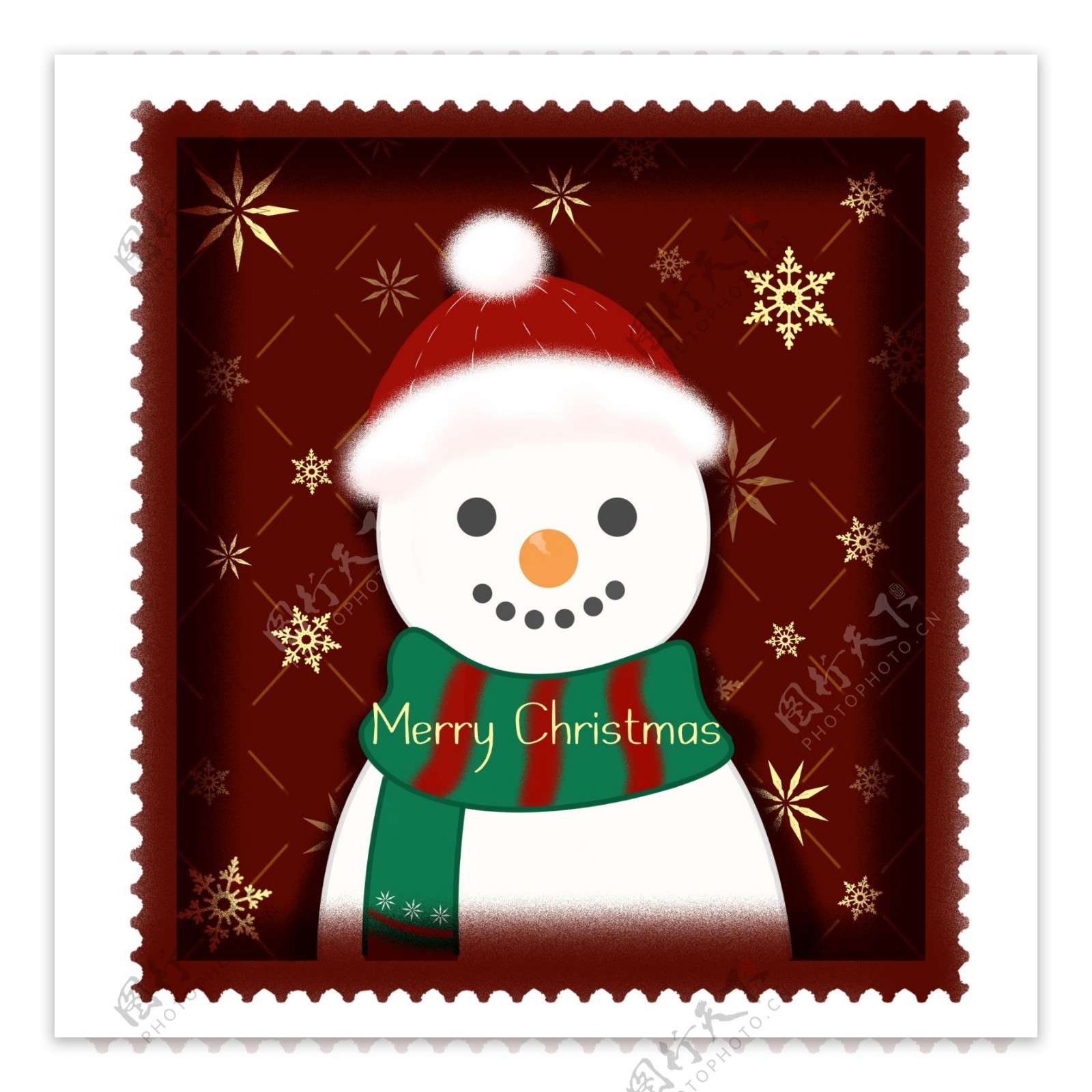 手绘圣诞节邮票卡通雪人雪花褐色贴纸可商用