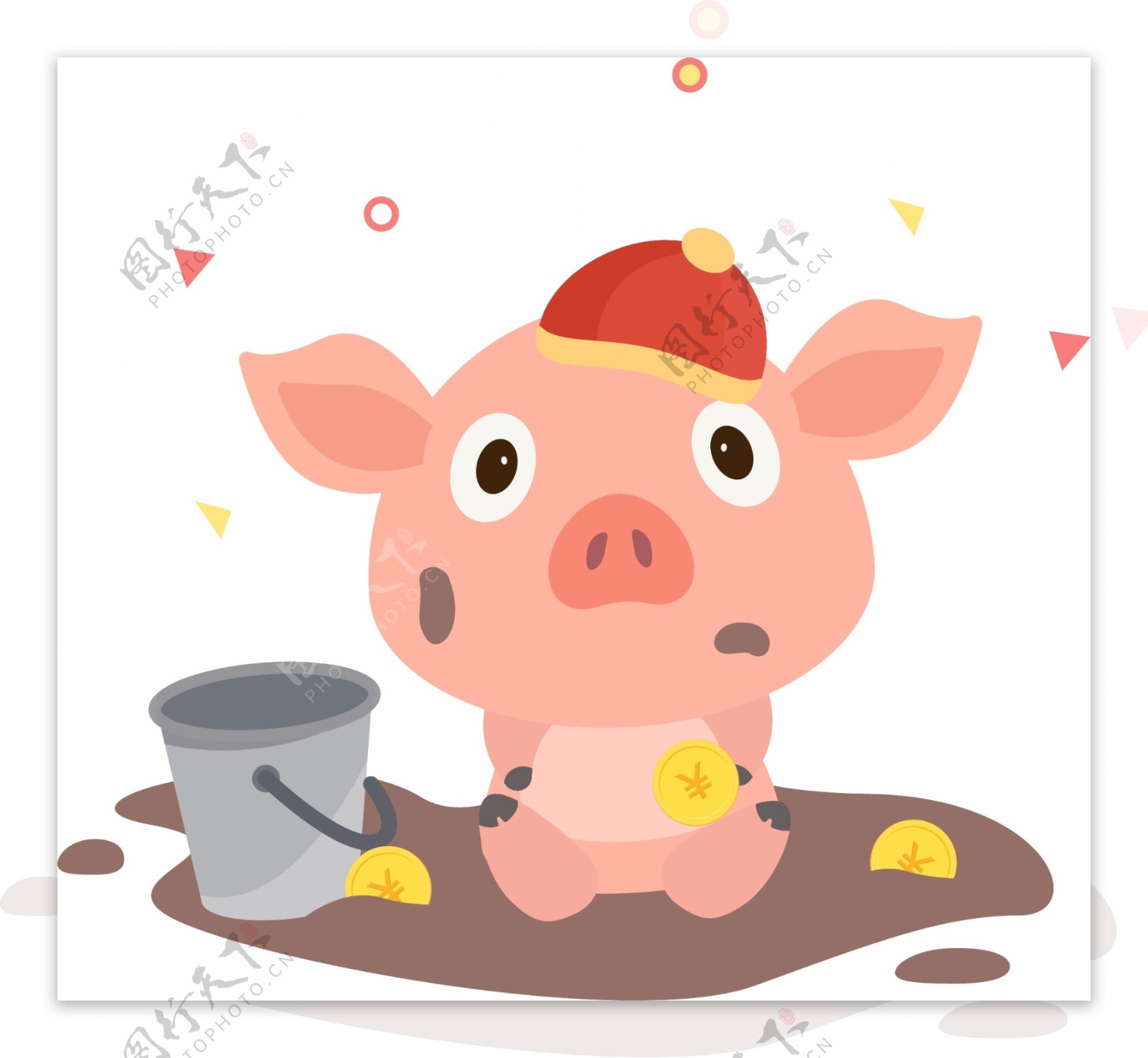 猪年卡通猪挖金币新年矢量