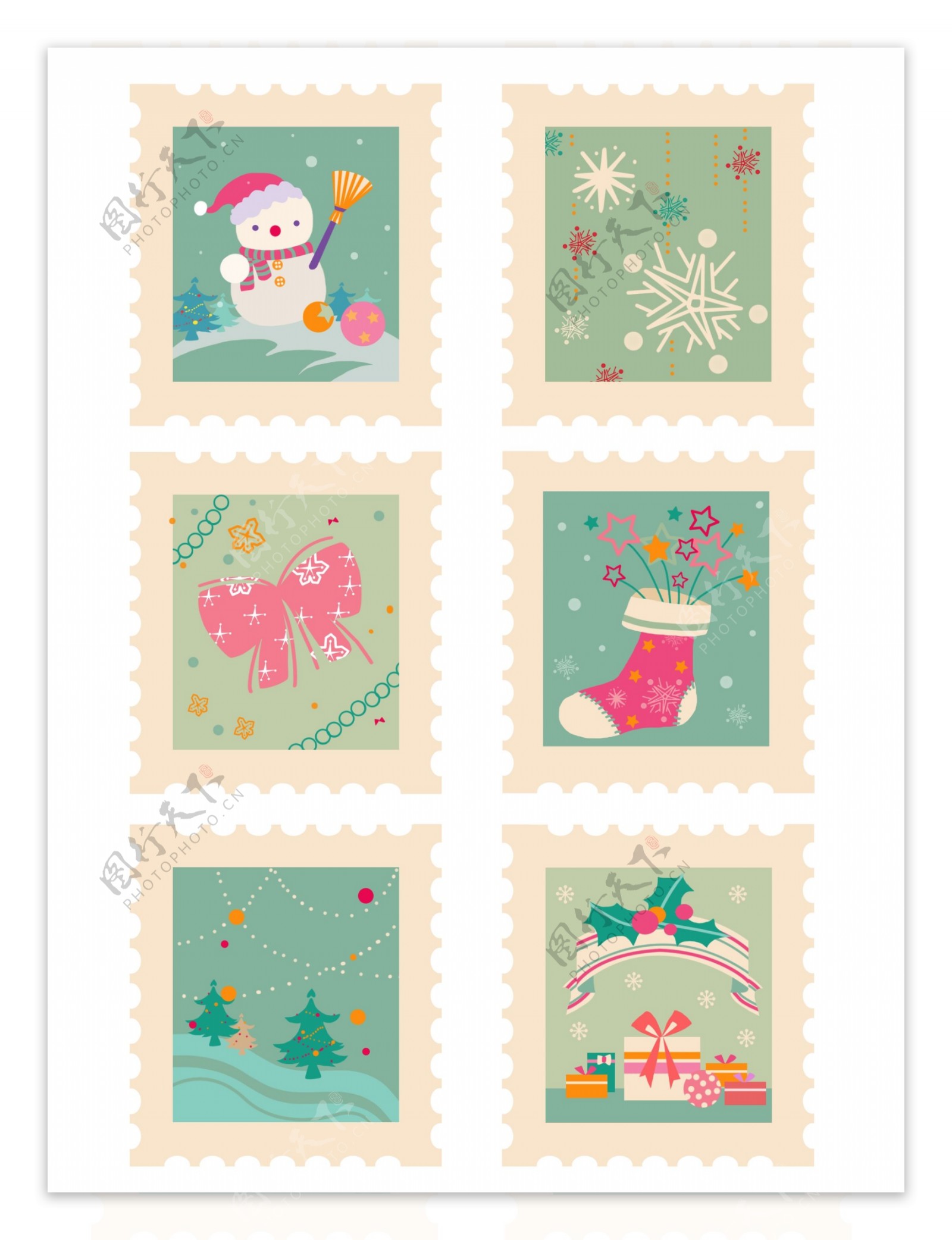 邮票贴纸圣诞冬天雪人礼物雪花星星套图