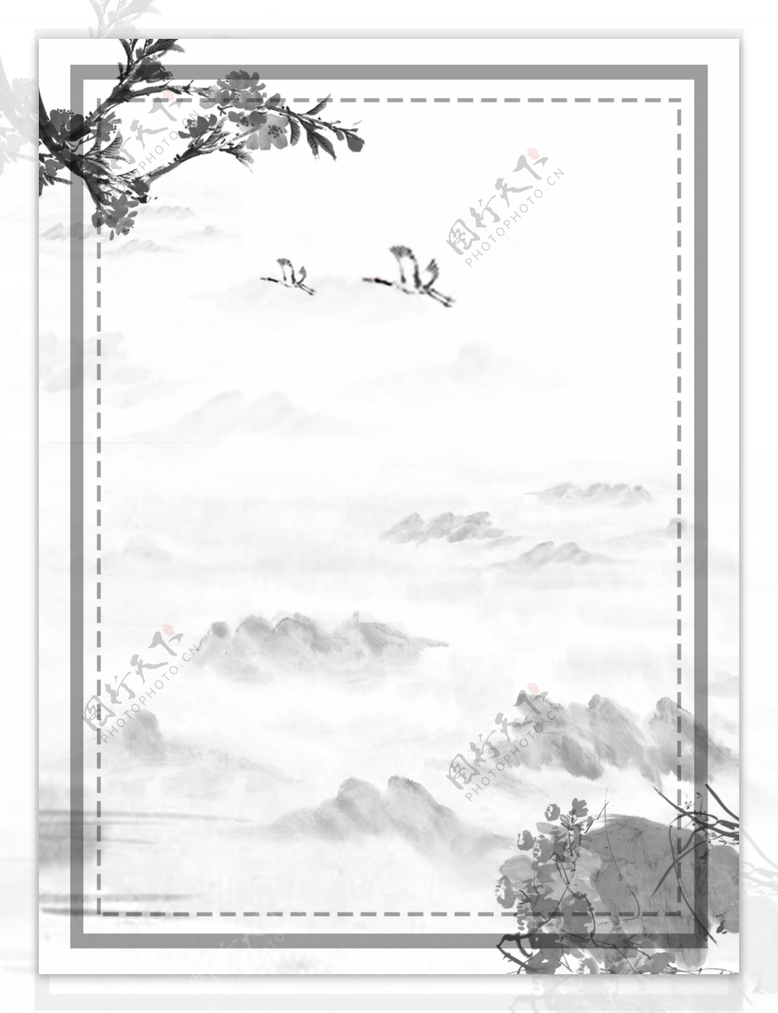 中国风水墨仙鹤桃花枝山水边框背景