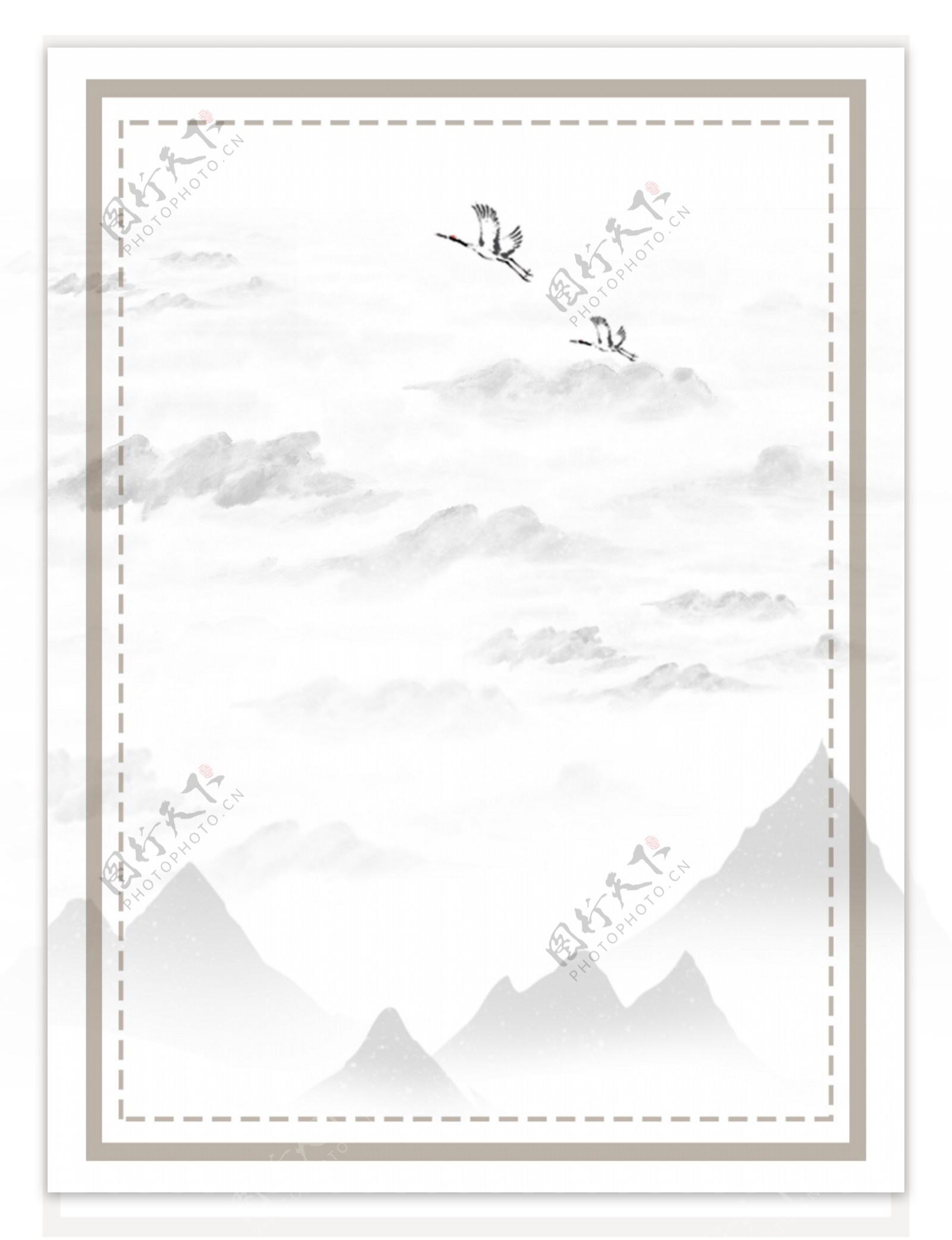 中国风水墨仙鹤山水风光边框背景