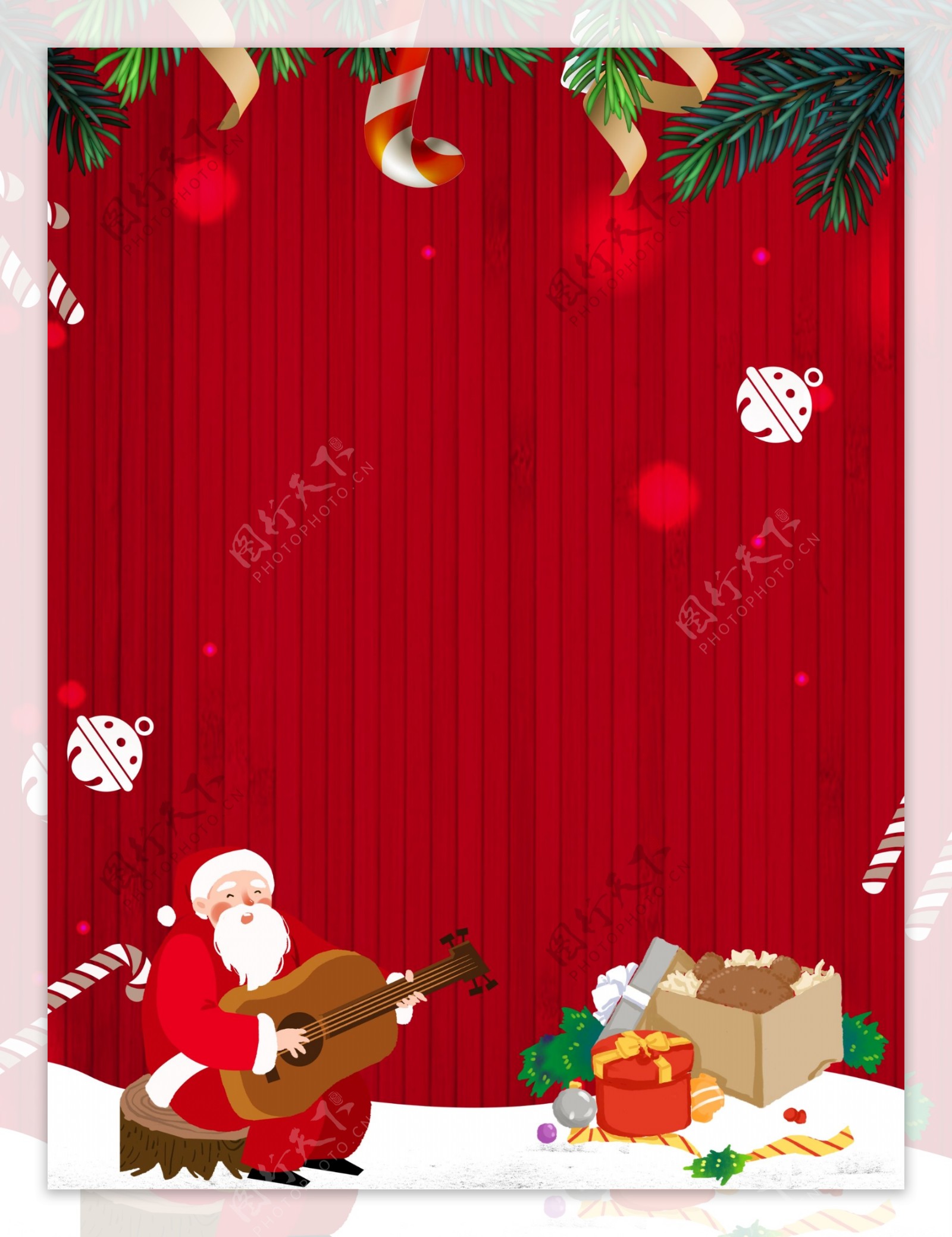 红色喜庆坐着弹吉他的圣诞老人背景素材