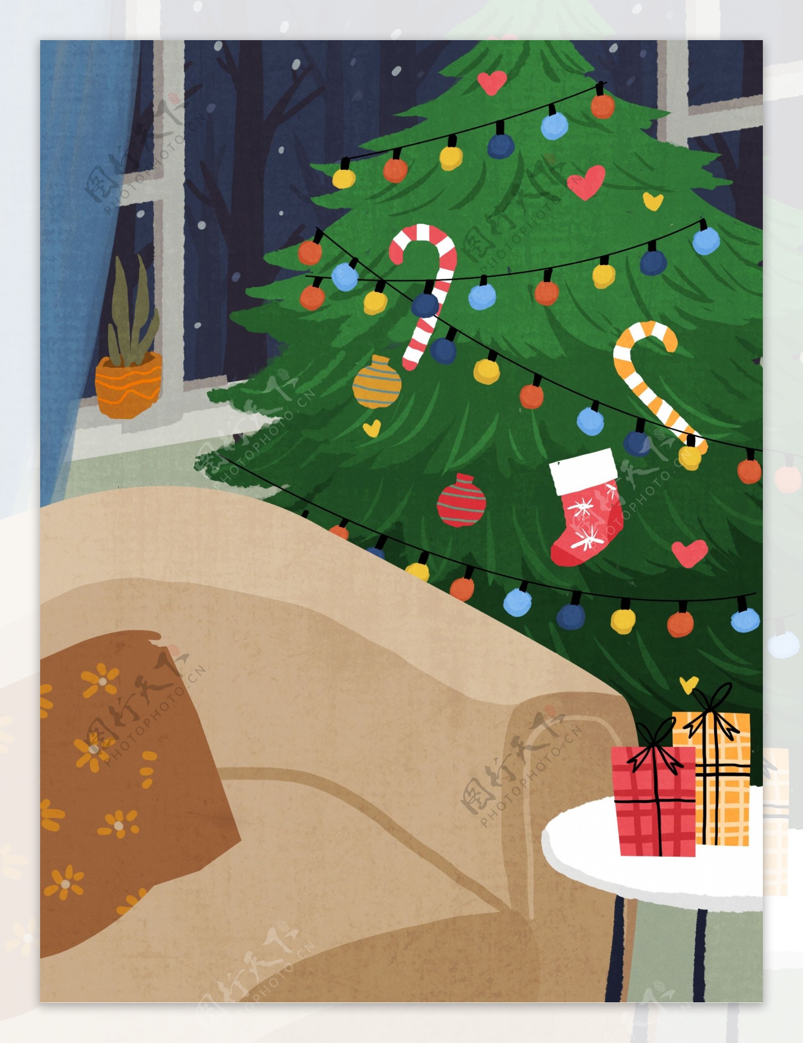 简约手绘风圣诞树与一个人的圣诞节背景素材
