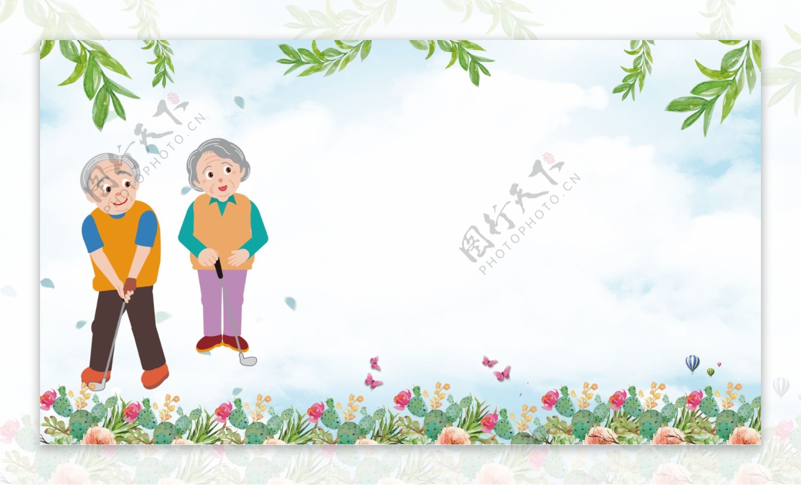 可爱爷爷奶奶花园散步广告背景