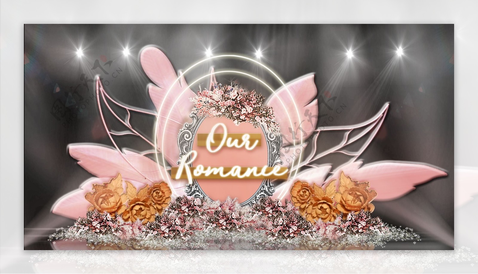 粉色羽毛叶子扇形组合金色花朵婚礼效果图