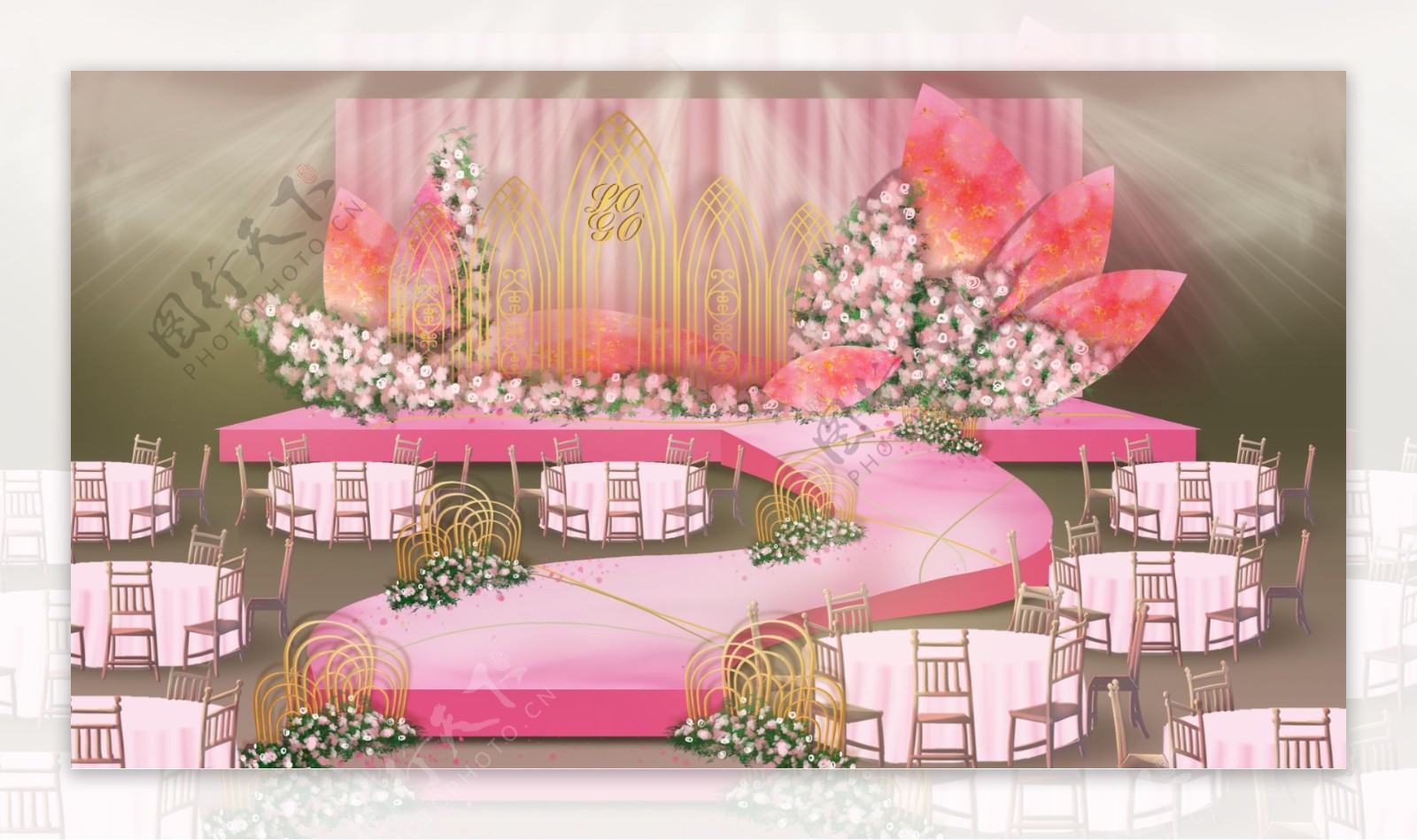 粉色渐变水彩婚礼舞台效果图